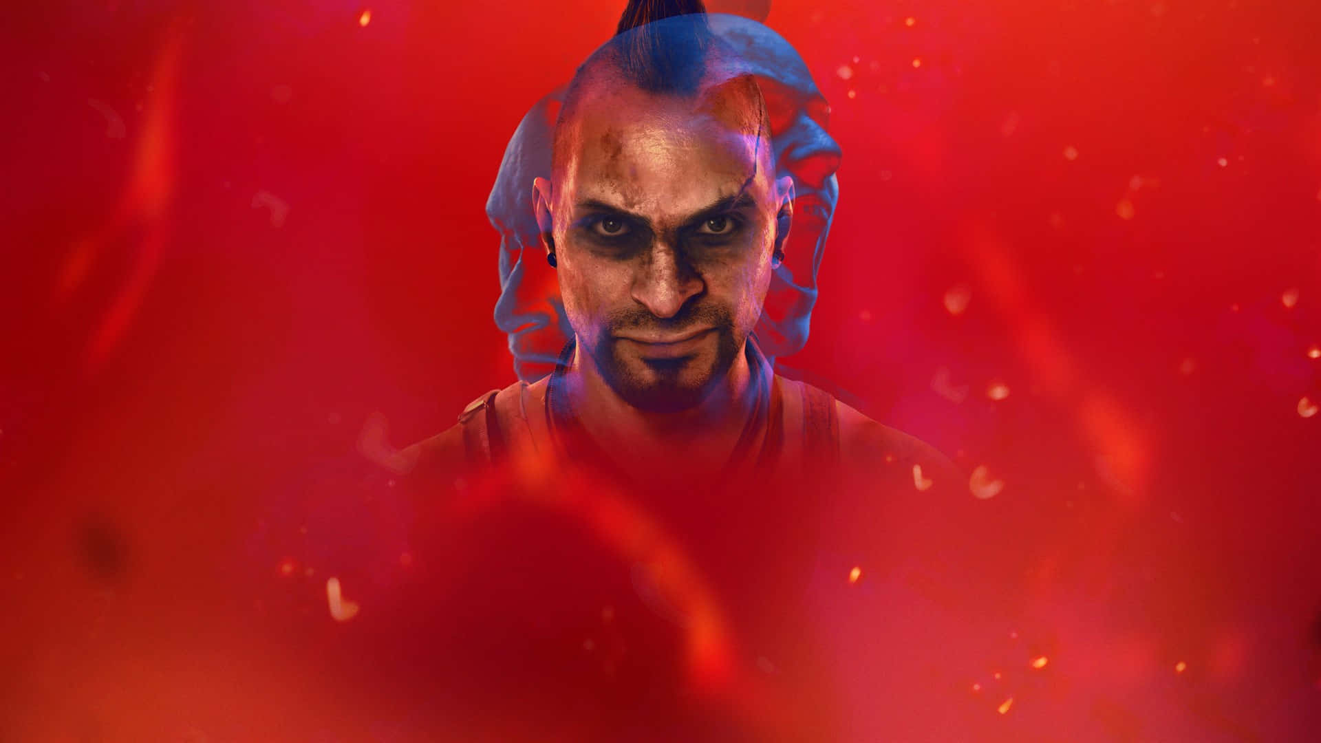 Far Cry 5 桌布 壁紙 — 一個帶有莫霍克頭和發光眼睛的兇猛戰士，透過旋轉的紅色火焰和餘燼凝視著。