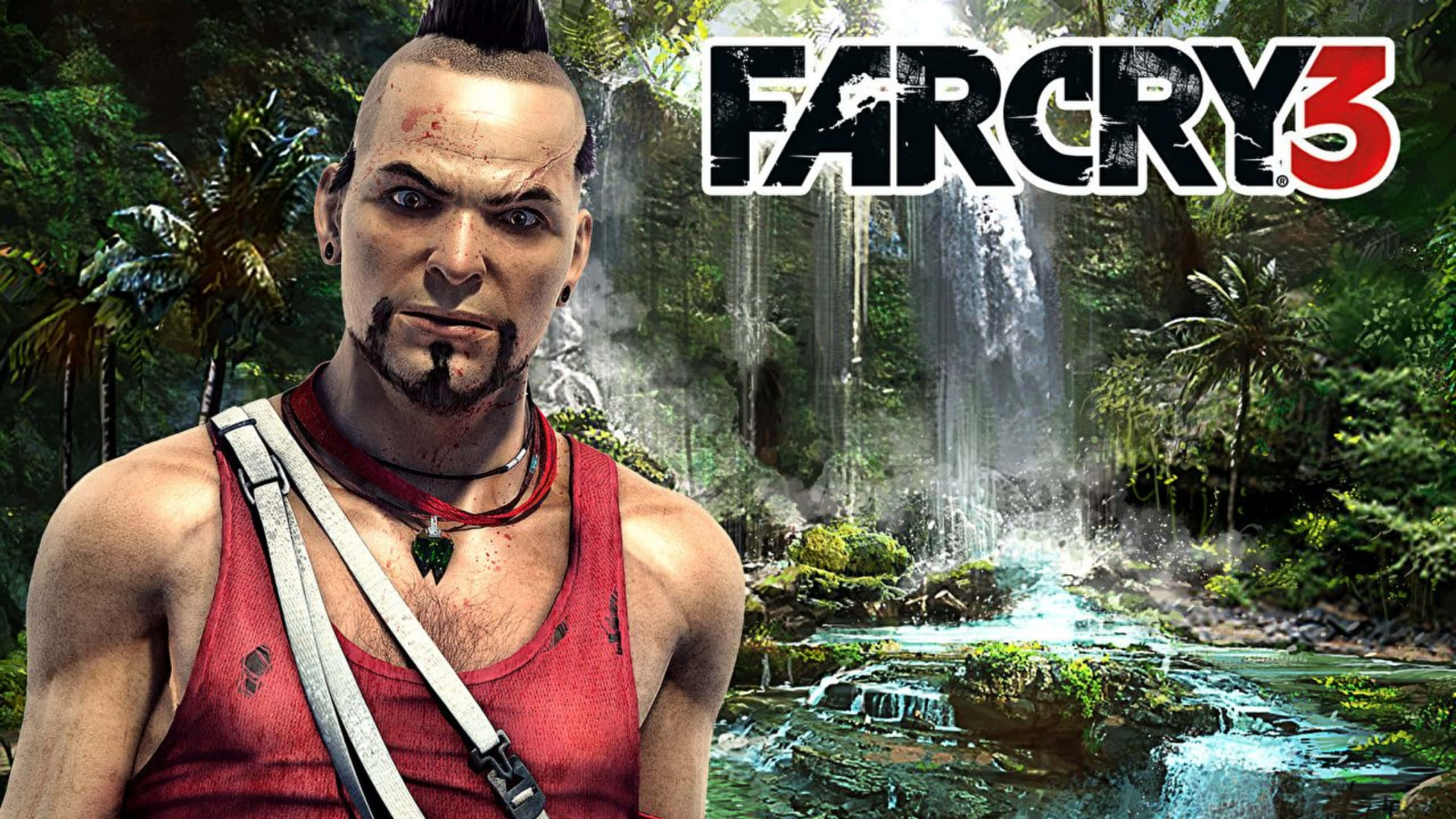 電玩遊戲 桌布 壁紙 — 一個帶有莫霍克頭的粗獷男人站在 Far Cry 3 遊戲藝術中茂密的叢林瀑布前。