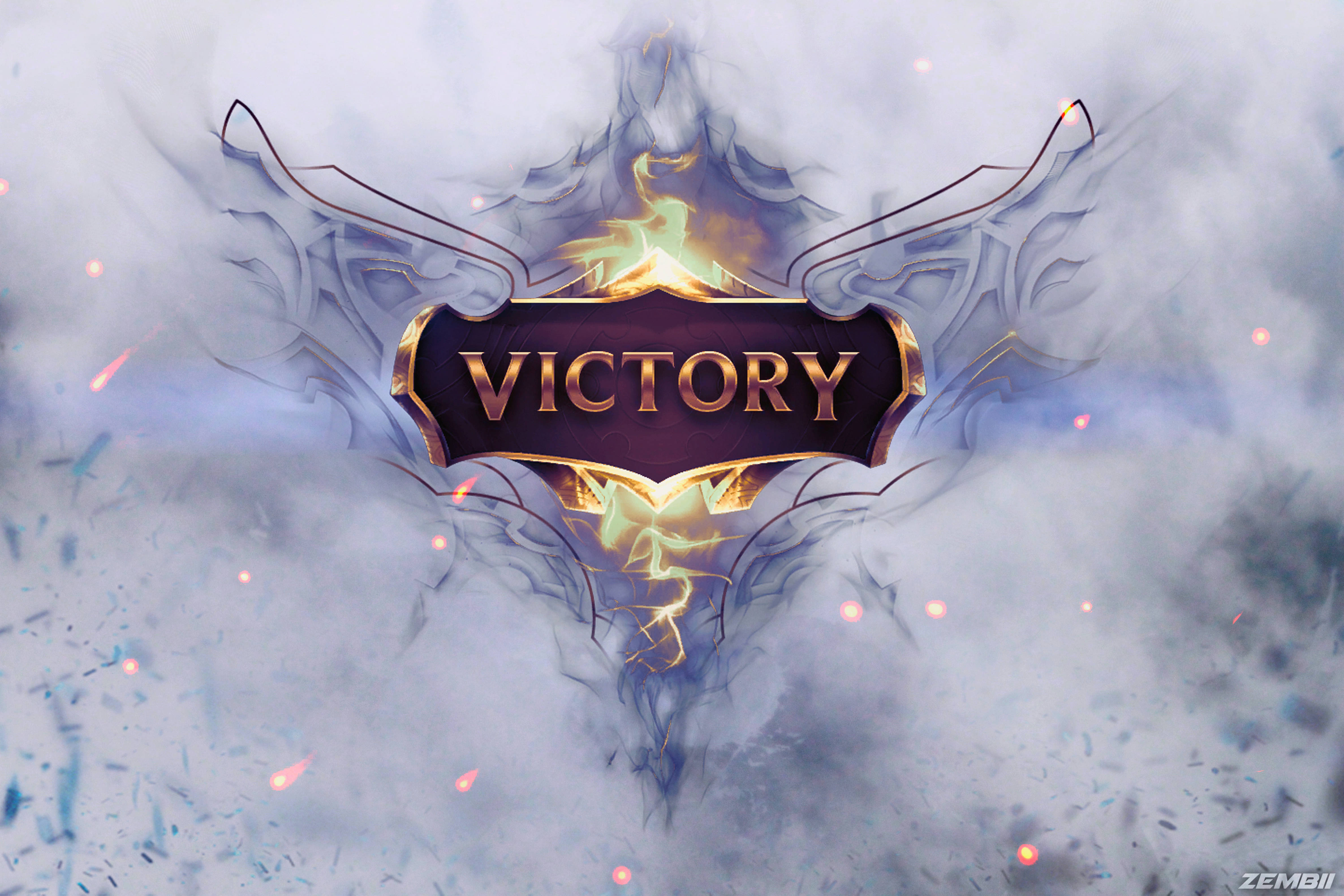 Lol 桌布 壁紙 — 一個帶有華麗翅膀的發光金色 'VICTORY' 標誌從旋轉的迷霧和火花中浮現。
