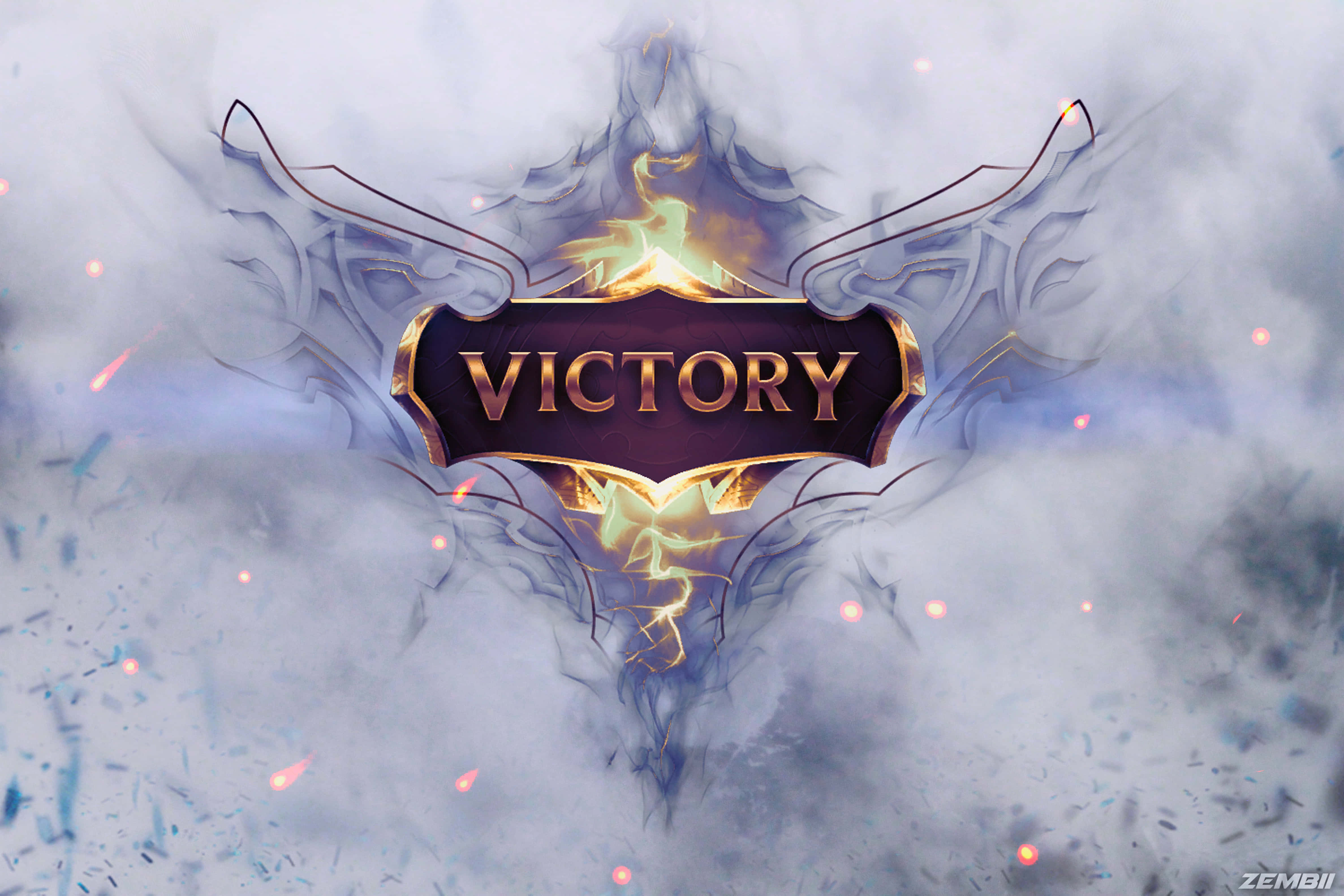桌布 壁紙 — 一個帶有華麗翅膀的發光金色「VICTORY」標誌從旋轉的迷霧和火花中浮現。