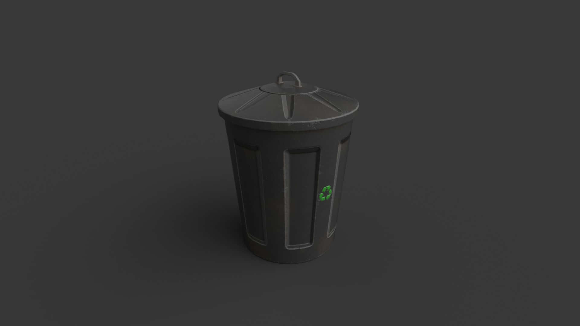 waste 桌布 壁紙 — 一個帶有蓋子和綠色回收標誌的深灰色金屬垃圾桶，居中放置在純深灰色背景上。