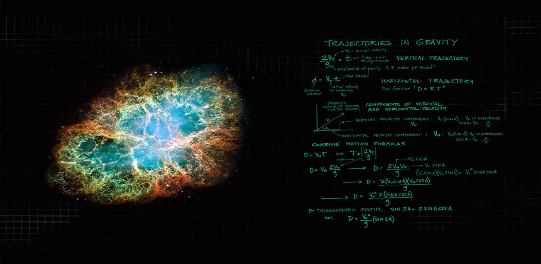 Physics 桌布 壁紙 — 一個帶有藍綠色和橙色色調的宇宙星雲在網格背景上發光，旁邊是手寫的重力物理方程式。