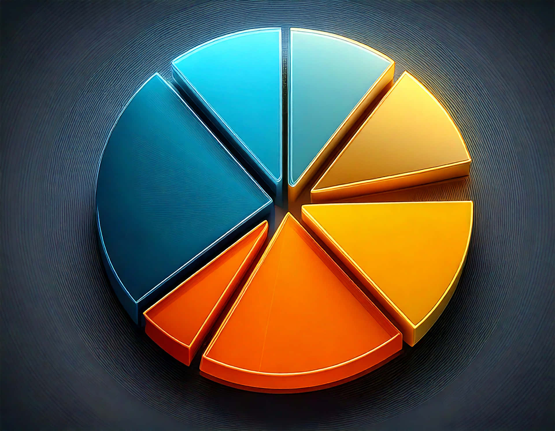 Pie Chart 壁紙 — 一個帶有藍色、橙色和黃色部分的光澤3D圓餅圖在深色紋理背景上旋轉。