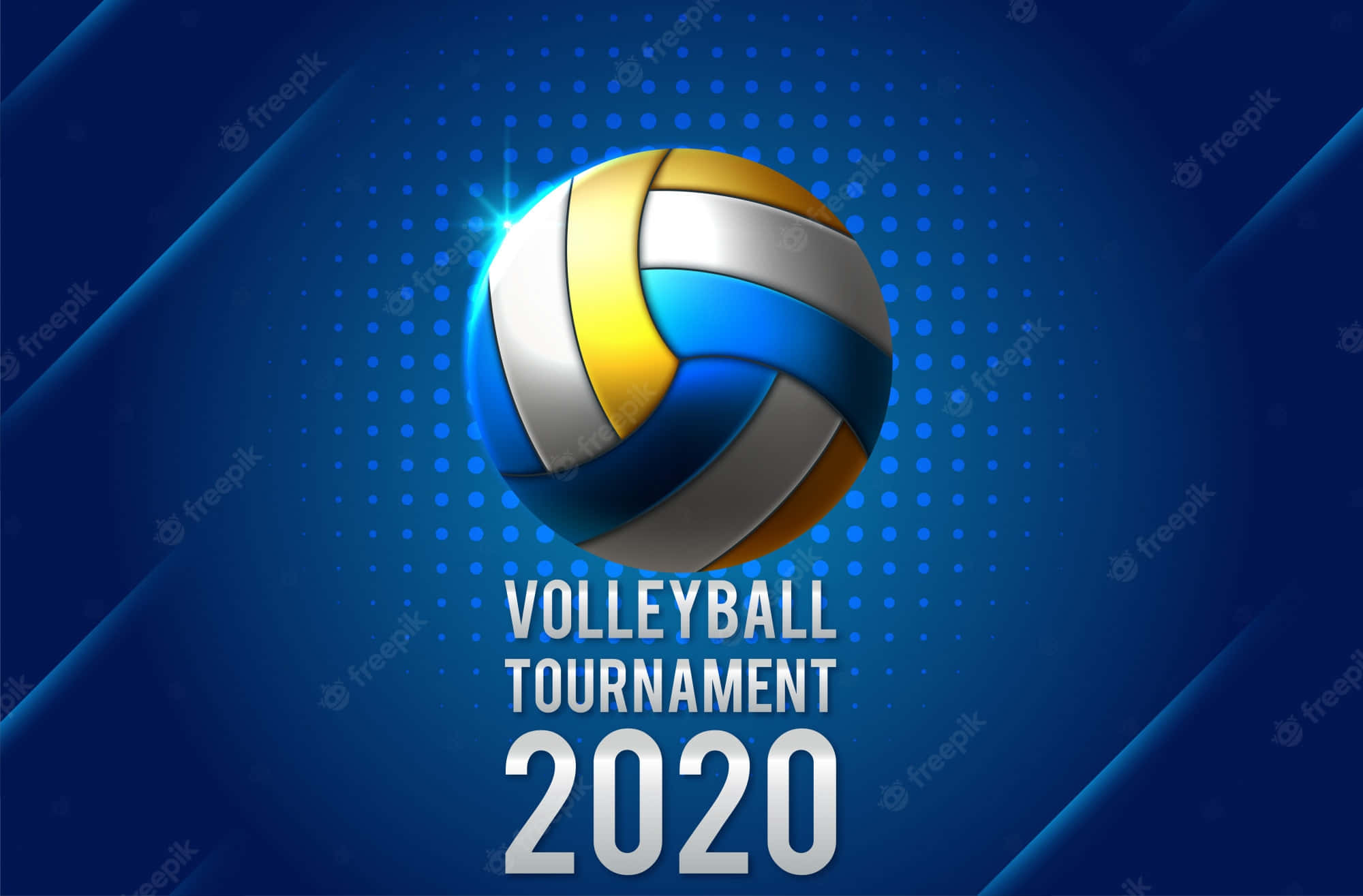 Volleyball Ball 桌布 壁紙 — 一個帶有藍色、黃色和白色面板的光澤排球，在帶有錦標賽文字的深藍色圓點背景上發光。