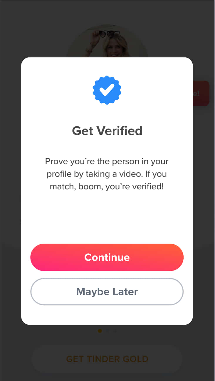 Verified 桌布 壁紙 — 一個帶有藍色勾號圖示和粉紅色漸層繼續按鈕的行動應用程式驗證彈出視窗。