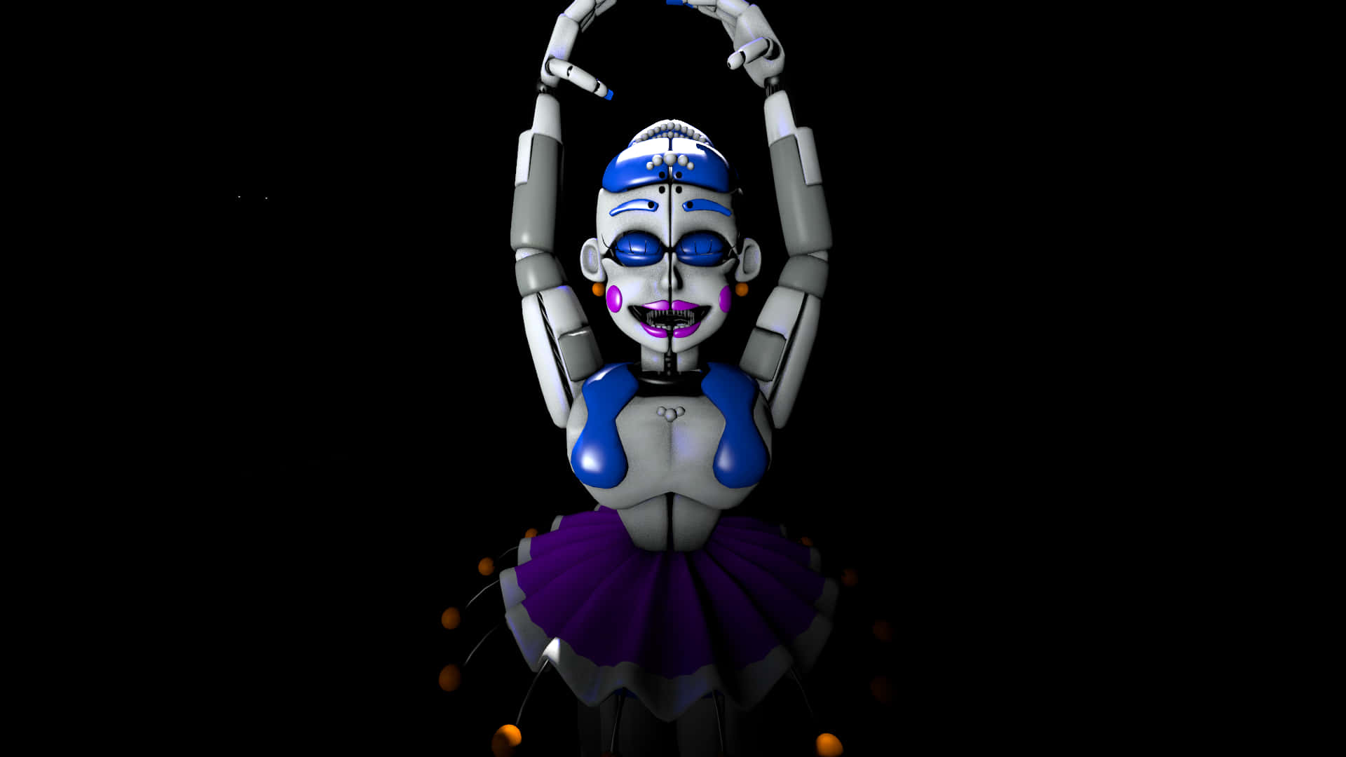 Ballora 桌布 壁紙 — 一個帶有藍色和紫色點綴的機械芭蕾舞者在黑色背景前擺出優雅的姿勢。