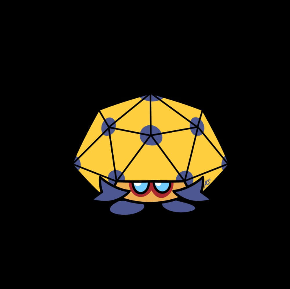 Pokemon Aesthetic 桌布 壁紙 — 一個帶有藍色斑點和眼睛的黃色幾何角色，在黑色背景下凝視。