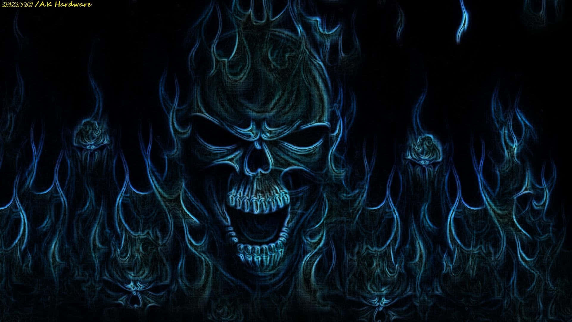 Awesome Skull 桌布 壁紙 — 一個帶有藍色發光火焰的威脅性頭骨，以數位藝術風格從黑暗中爆發。