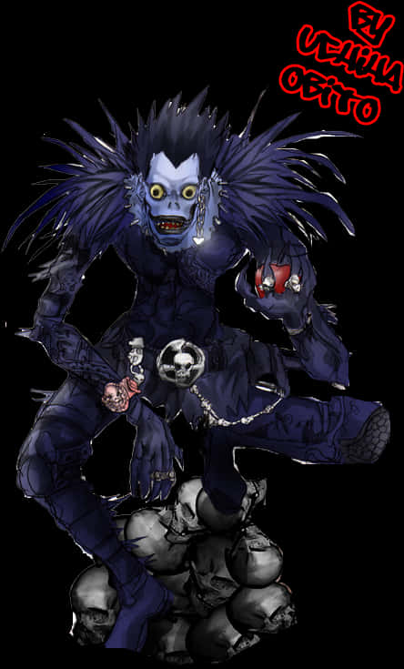Death Note Ryuk 桌布 壁紙 — 一個帶有藍色皮膚、尖刺頭髮和發光眼睛的威脅性動漫角色，蹲在黑色背景上的頭骨上。