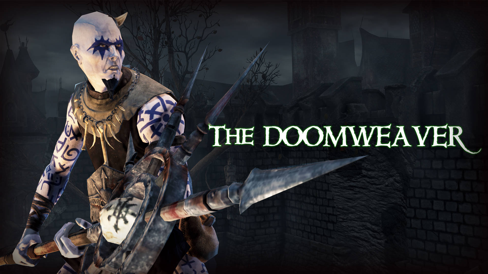 mordheim city of the damned 桌布 壁紙 — 一個帶有藍色臉部彩繪和部落紋身的威嚇裝甲戰士，在黑暗哥德式廢墟背景下揮舞著帶刺武器。