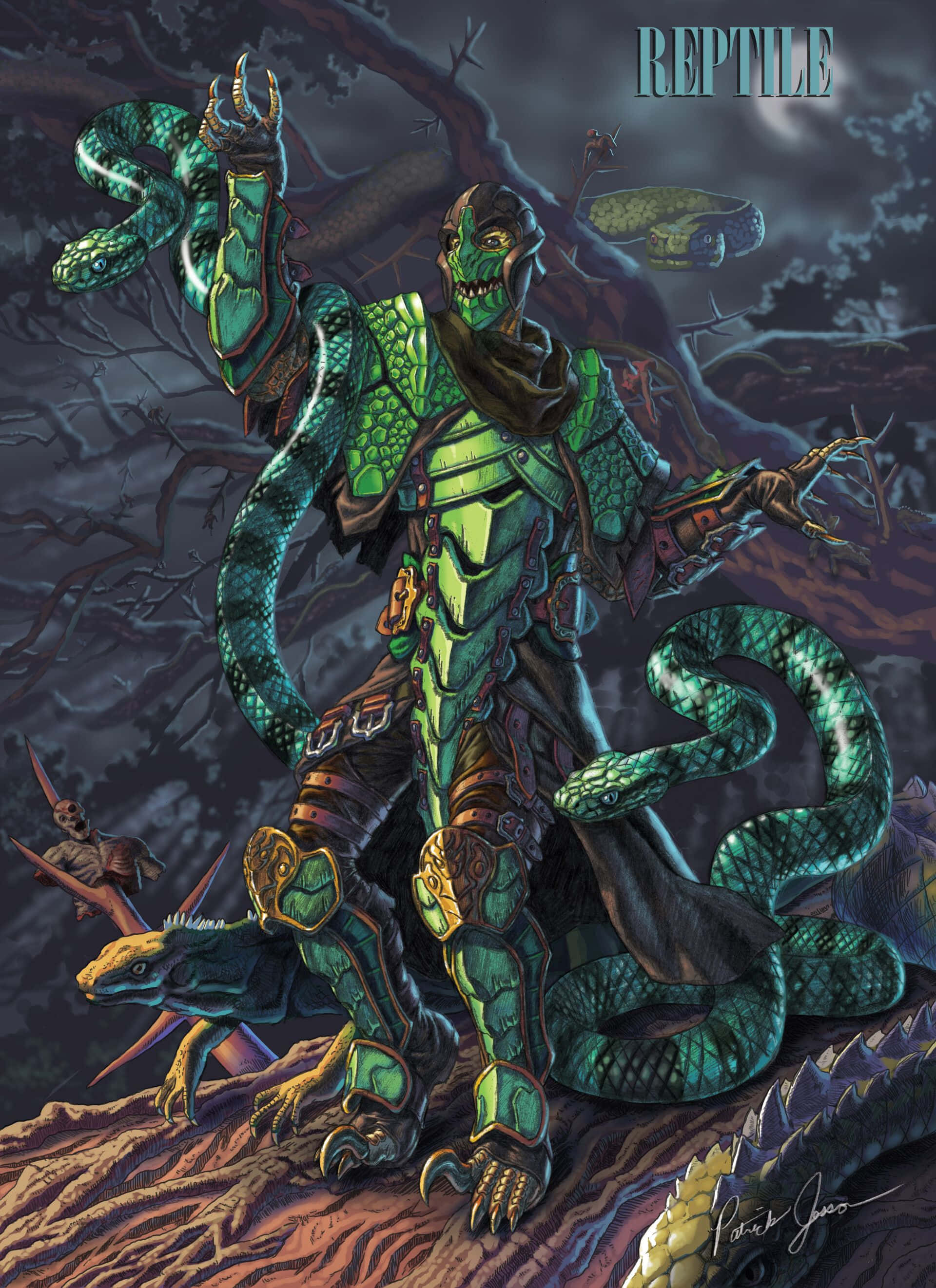 Mortal Kombat Reptile 桌布 壁紙 — 一個帶有蛇纏繞身體的威脅性綠色爬蟲類人形戰士，站在黑暗森林中一個多節的樹根上。
