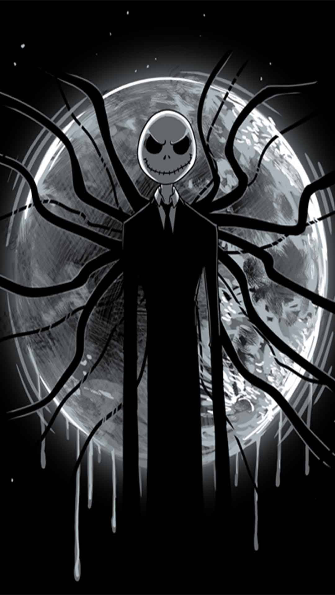 nightmare 桌布 壁紙 — 一個帶有蜘蛛般四肢的骷髏形象，站在裂開的月亮前，黑白插圖。