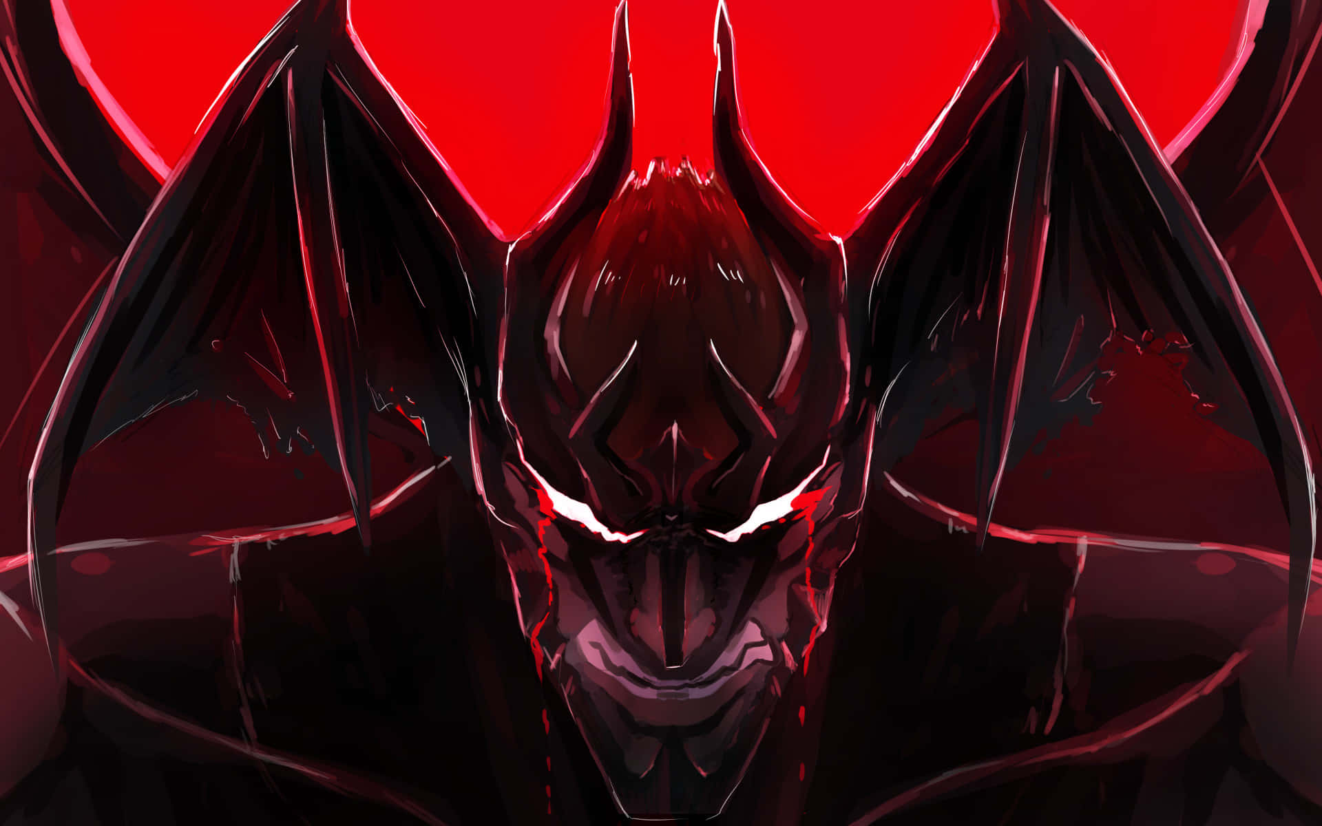 Devilman Crybaby 桌布 壁紙 — 一個帶有蝙蝠狀翅膀和發光白色眼睛的威脅性惡魔形象，在鮮紅色背景下強烈凝視。
