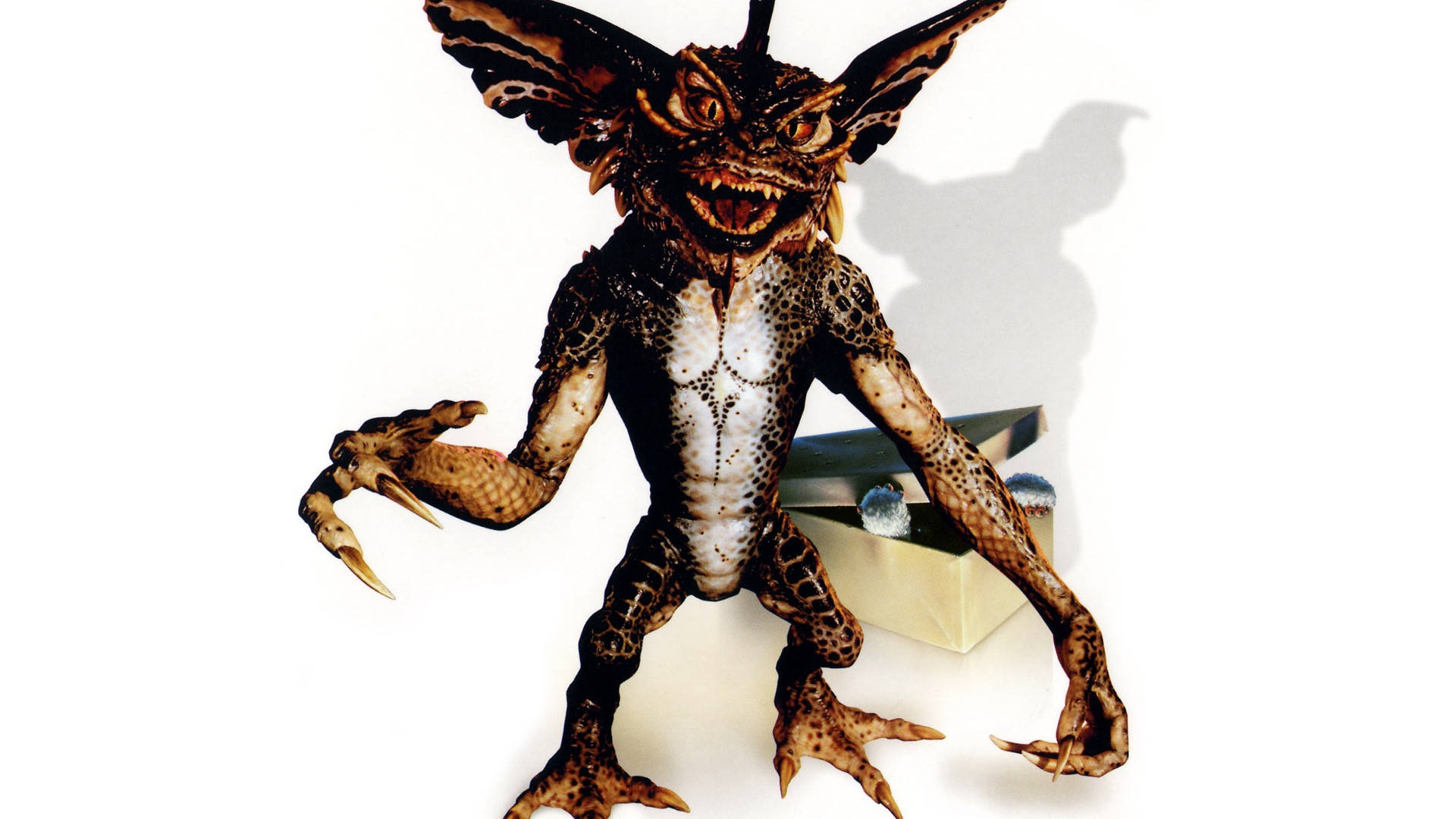 Gremlins 桌布 壁紙 — 一個帶有蝙蝠狀翅膀和鋒利爪子的兇惡小妖精玩具，站在純白色背景前。
