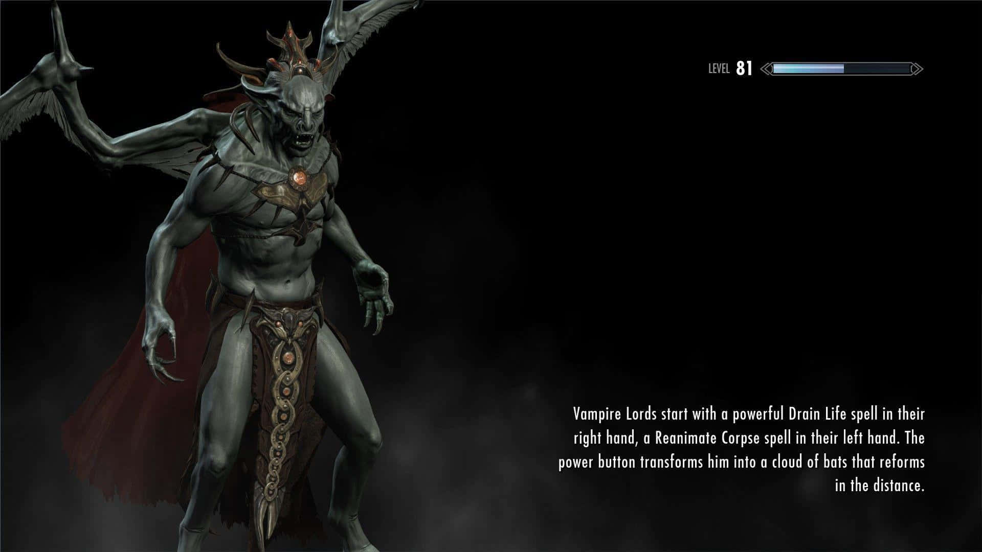 Skyrim Dawnguard 桌布 壁紙 — 一個帶有蝙蝠翅膀和紅色斗篷的威脅性吸血鬼領主，在電子遊戲介面中站在黑暗煙霧背景前。