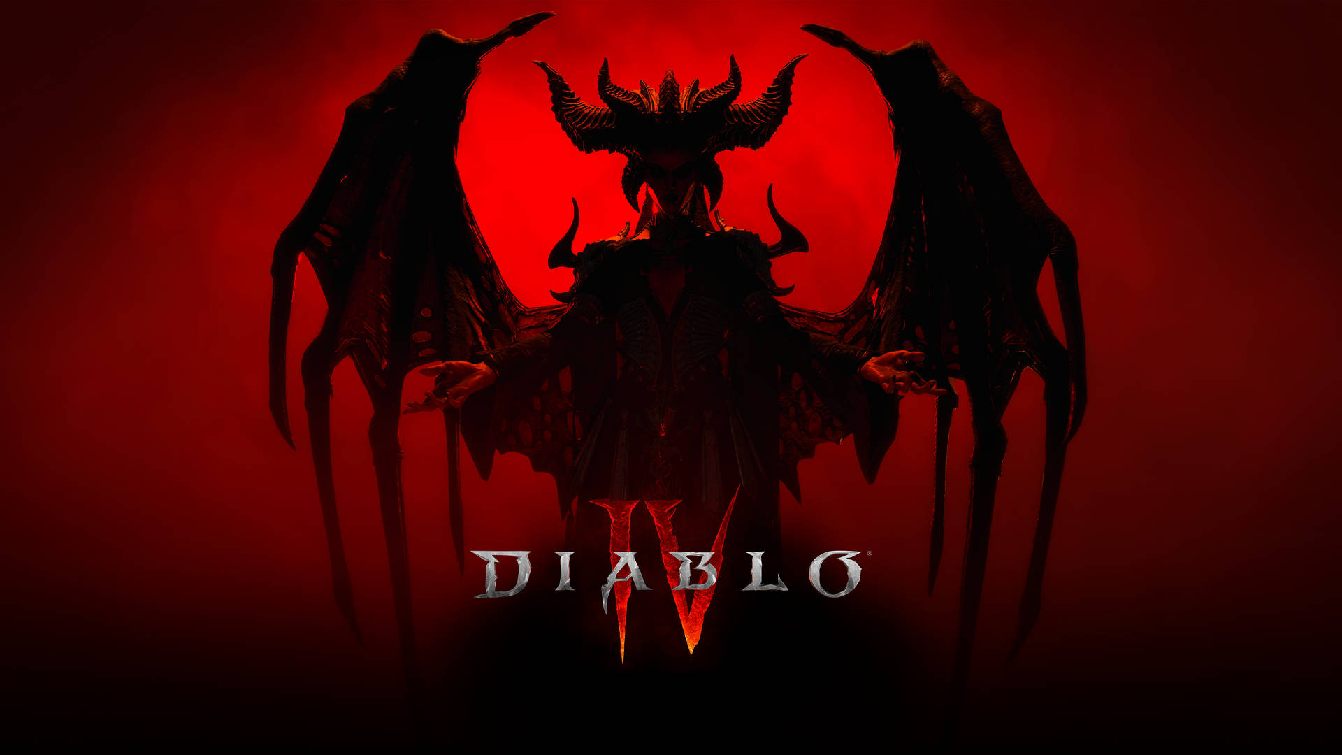 Diablo IV 遊戲標誌，紅色背景上有惡魔剪影。 — 惡魔動圖 壁紙