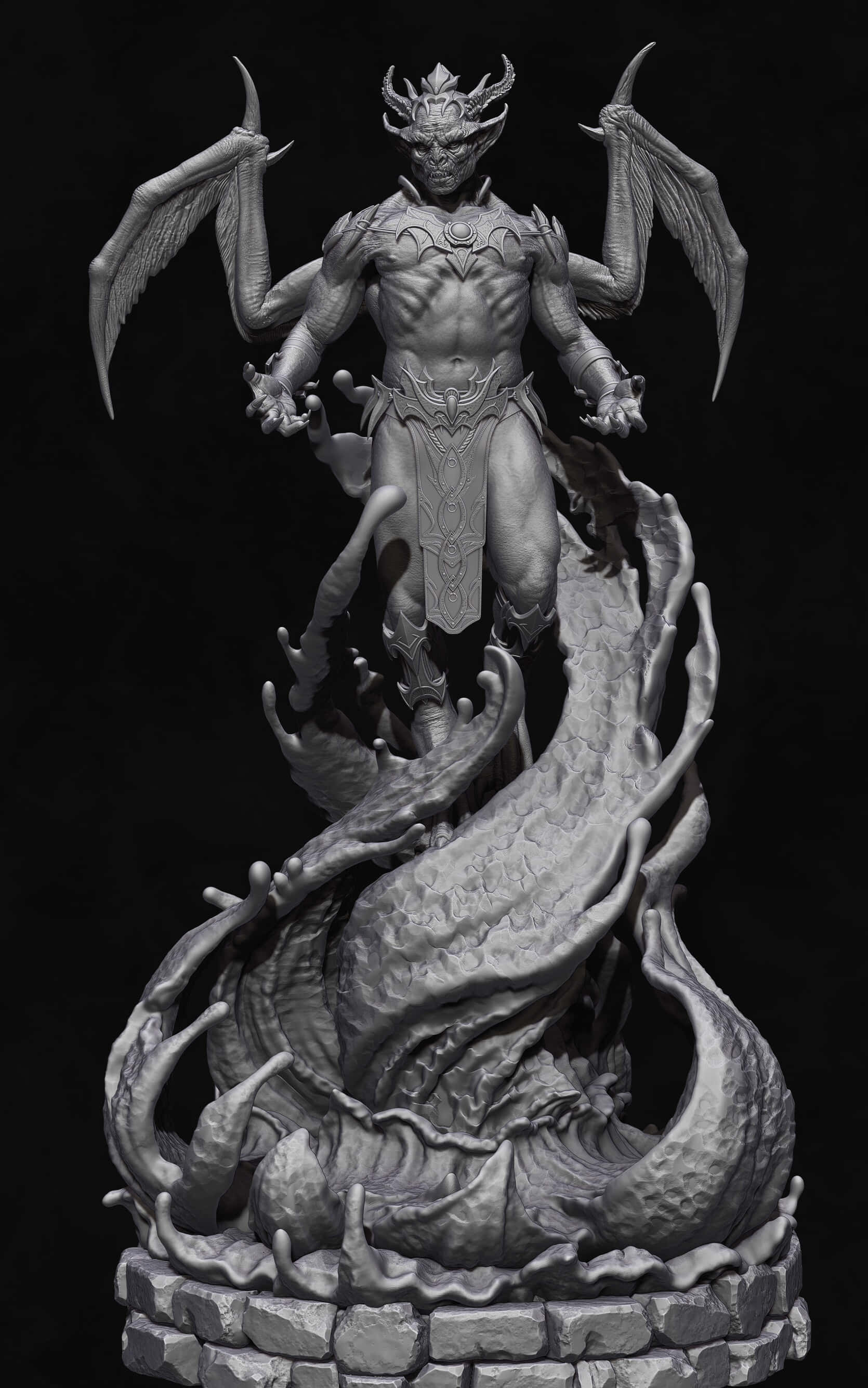 Vampire Lord 桌布 壁紙 — 一個帶有蝙蝠翅膀和角的威脅性惡魔雕像，站在石基座上盤繞的龍之上。