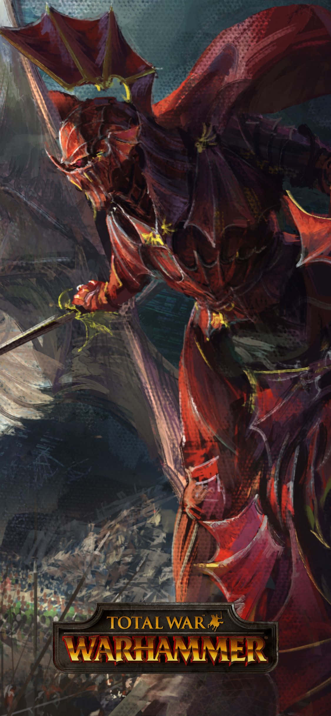 iPhone X Total War Warhammer 桌布 壁紙 — 一個帶有蝙蝠翅膀的威脅性紅色裝甲惡魔，在黑暗奇幻戰鬥場景中揮舞著劍。