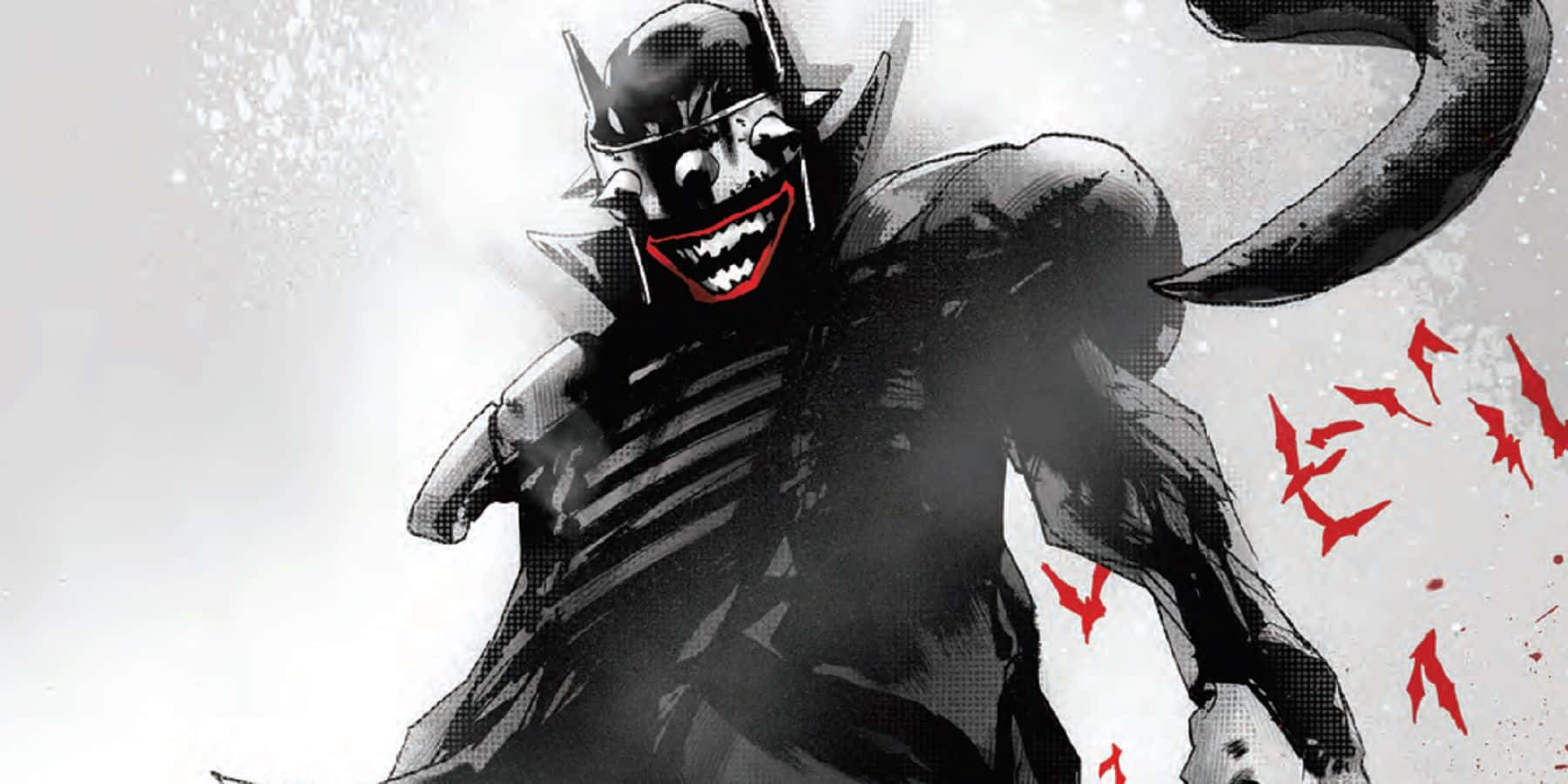 The Batman Who Laughs 桌布 壁紙 — 一個帶有蝙蝠頭盔和鋸齒狀笑容的威脅性漫畫反派，在帶有紅色飛濺的純白背景上向前猛衝。
