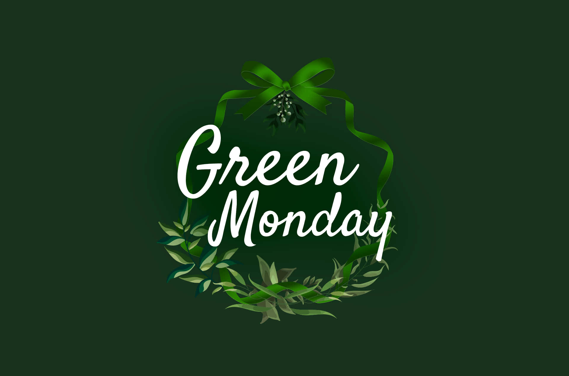 Monday 桌布 壁紙 — 一個帶有蝴蝶結和槲寄生的節日綠色花環，在深綠色背景上以優雅的白色字體框住「Green Monday」字樣。