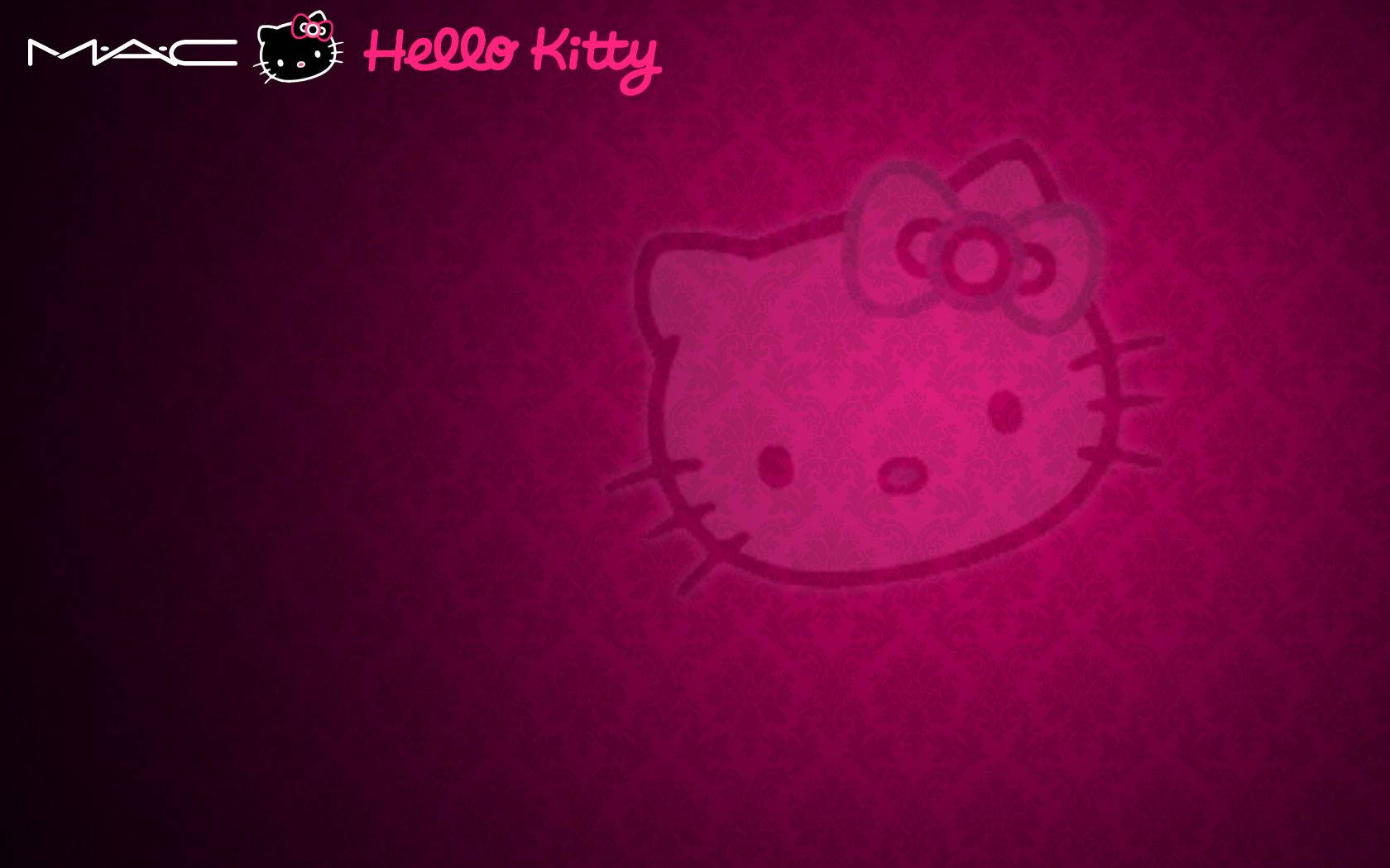 Hello 桌布 壁紙 — 一個帶有蝴蝶結的模糊Hello Kitty剪影在帶有紋理的洋紅色背景上柔和發光，角落有MAC品牌標誌。