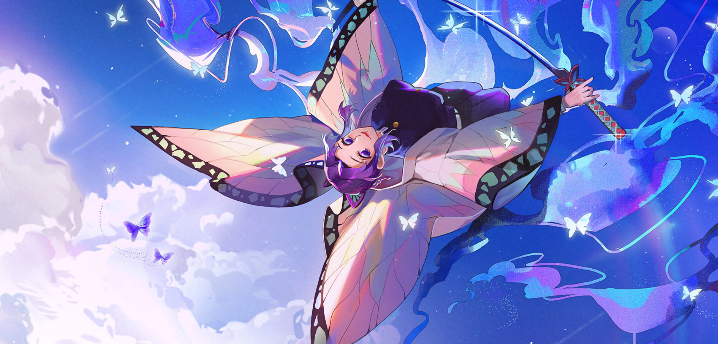 Shinobu 桌布 壁紙 — 一個帶有蝴蝶翅膀的夢幻動漫女孩，在充滿發光蝴蝶和旋轉藍色能量的夢幻天空中翱翔。