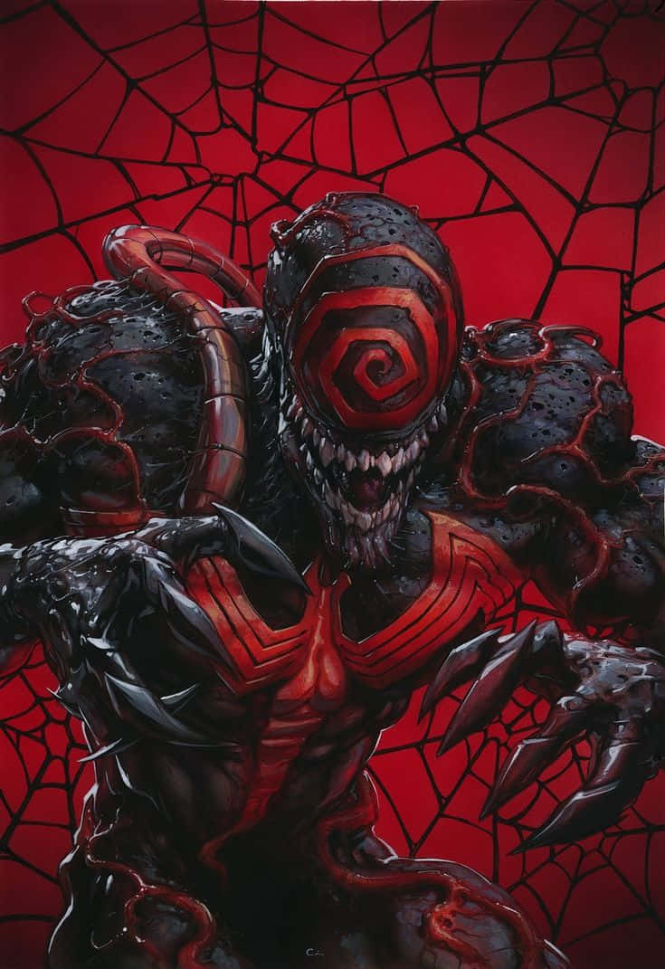 Venom Comic Book 桌布 壁紙 — 一個帶有螺旋眼和尖牙的威脅性紅黑共生生物，在裂開的紅色背景上若隱若現。