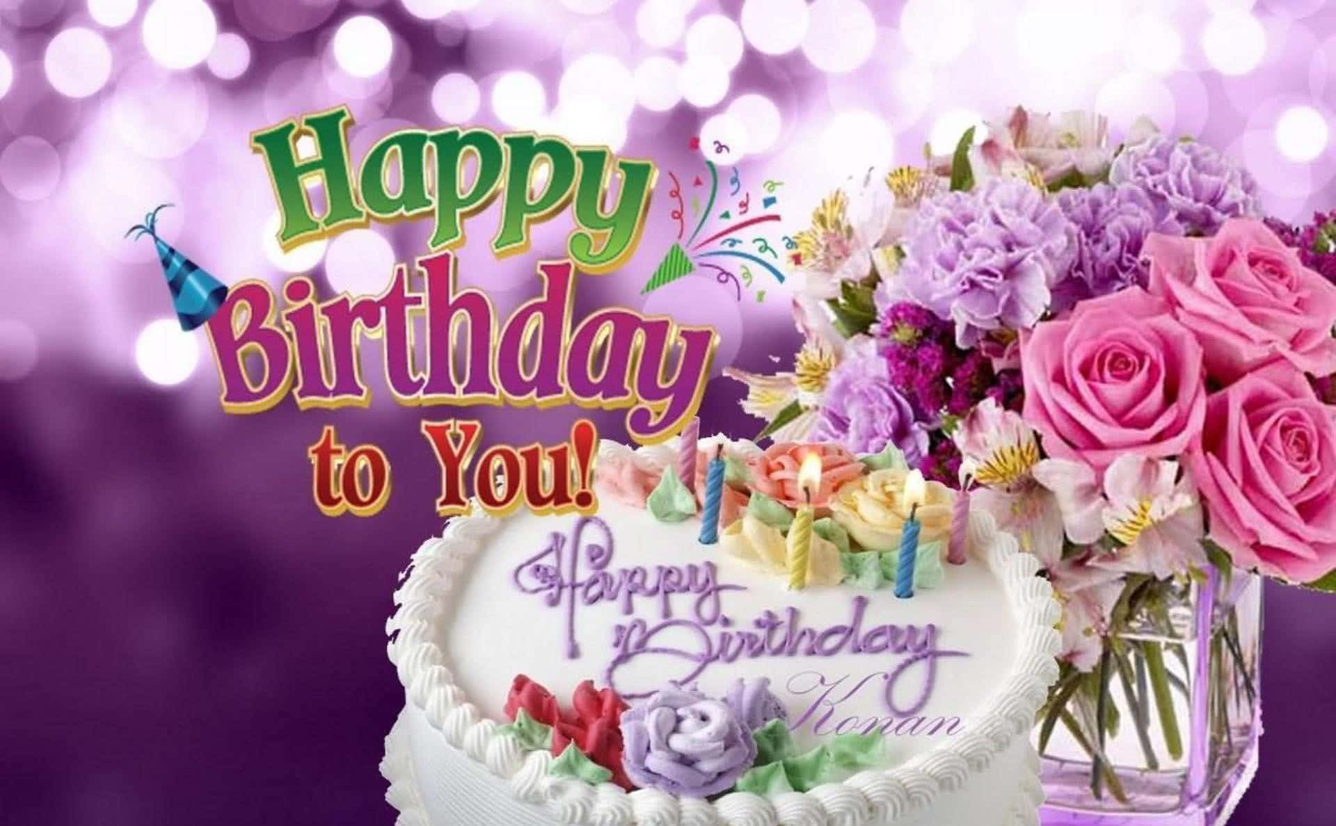 Birthday Wishes 桌布 壁紙 — 一個帶有蠟燭和花朵的節日生日蛋糕，旁邊有一個 'Happy Birthday to You!' 標誌，背景是閃爍的紫色。