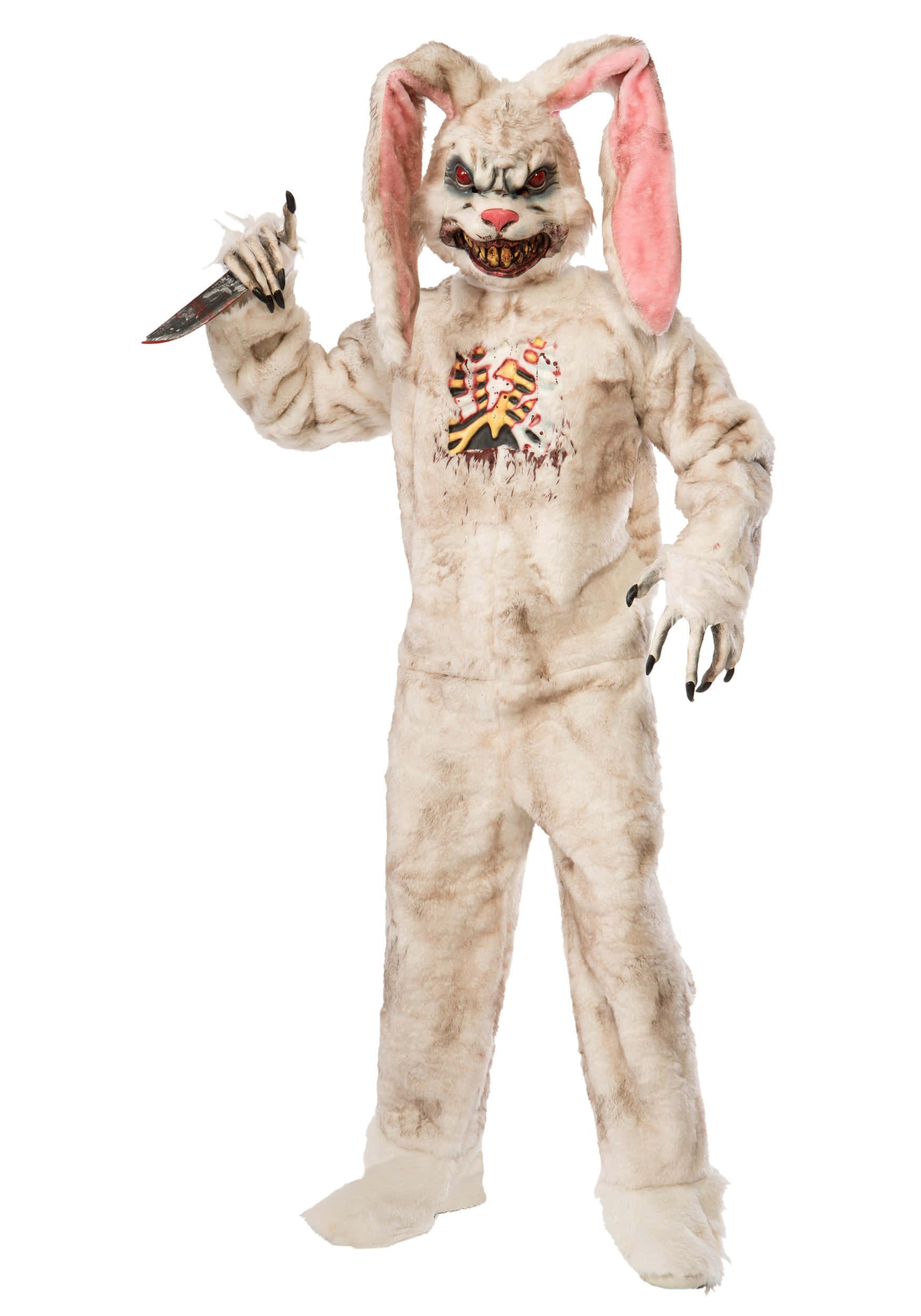 Creepy Easter Bunny 桌布 壁紙 — 一個帶有血淋淋爪子和刀子的威脅性兔子服裝，站在純白色背景前。