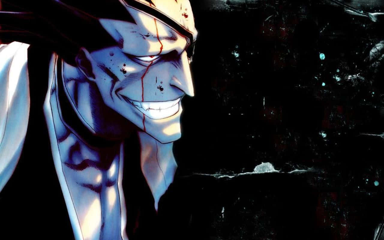 死神 桌布 壁紙 — 一個帶有血腥笑容和發光眼睛的威脅性動漫角色，在黑暗紋理背景前強烈凝視。