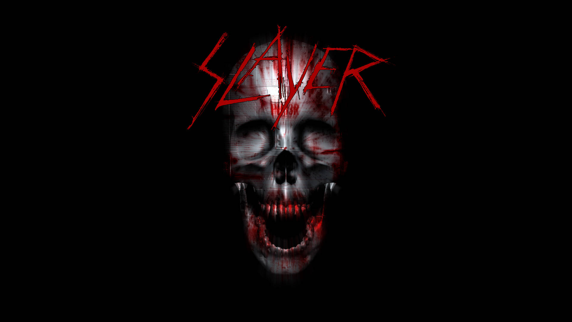 殺手 桌布 壁紙 — 一個帶有血跡和紅色塗鴉風格文字拼寫 Slayer 的威脅性頭骨，背景為黑色。