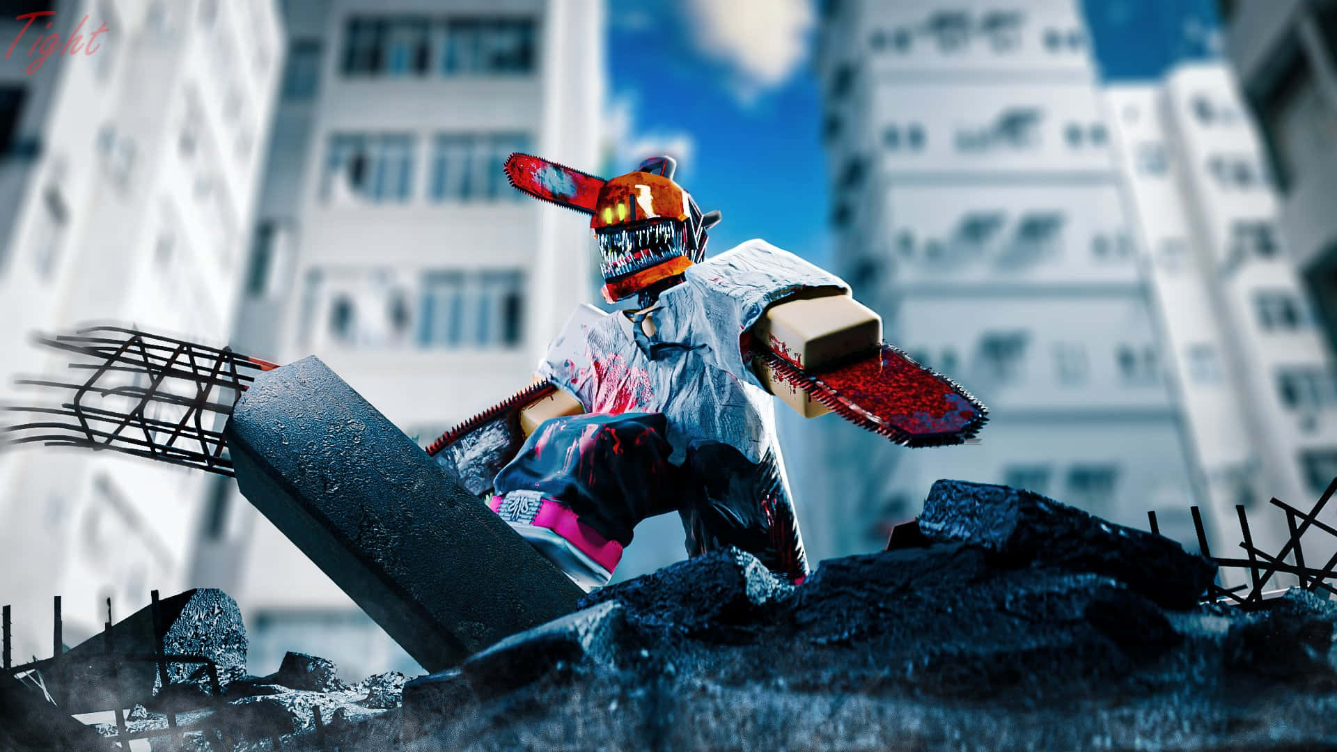 Roblox Gfx 桌布 壁紙 — 一個帶有血跡電鋸的可怕樂高風格殺手站在廢墟城市中的瓦礫上，天空湛藍。