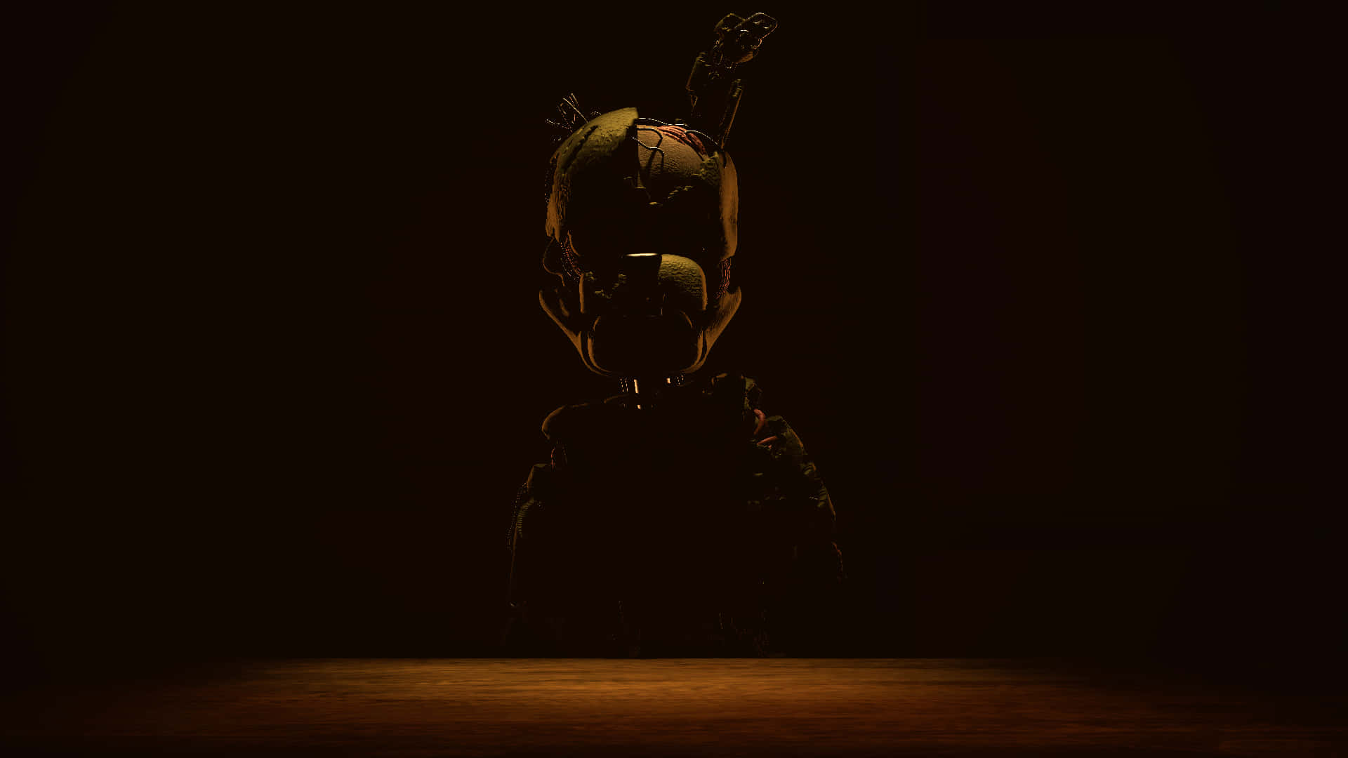 Scraptrap 桌布 壁紙 — 一個帶有裂痕頭盔和發光眼睛的威脅性電子動畫人物，在昏暗光線下站在黑暗背景前。