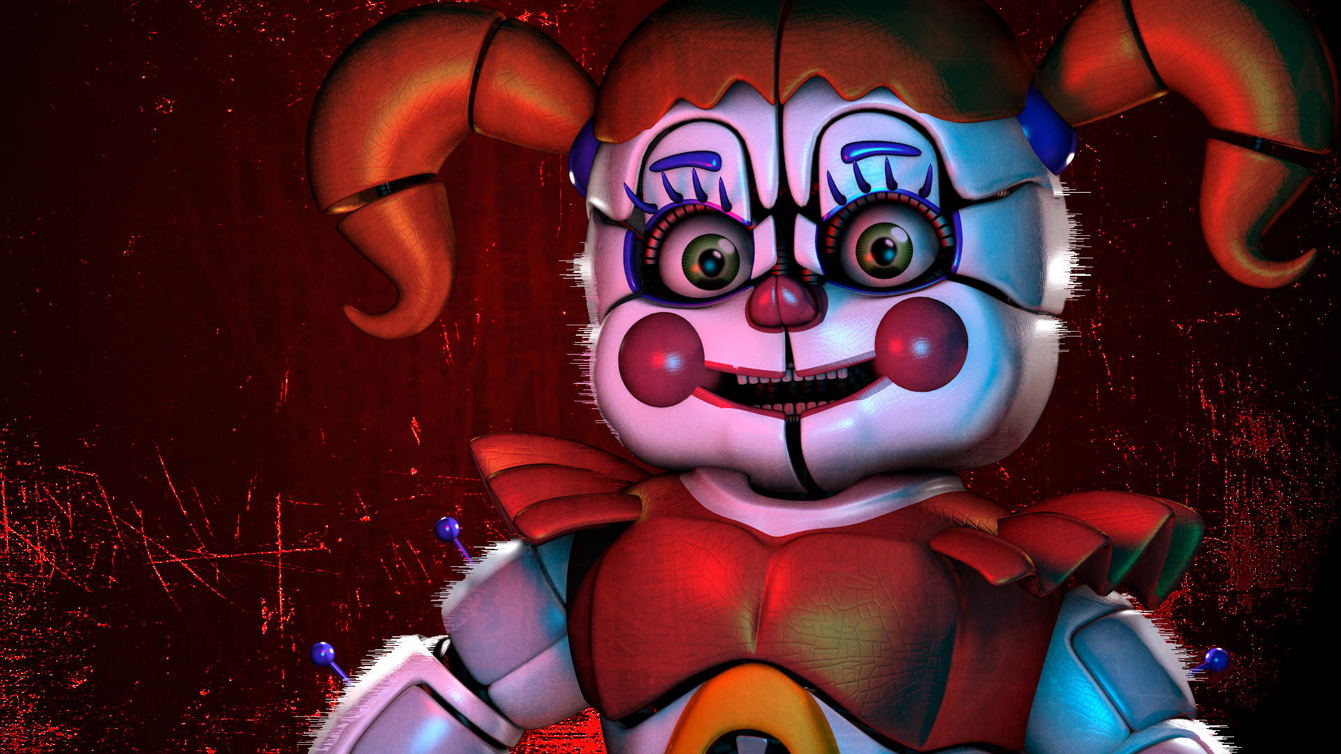 Circus 桌布 壁紙 — 一個帶有裂紋油漆和發光眼睛的威脅性電子動畫小丑，凝視著血紅色紋理背景。