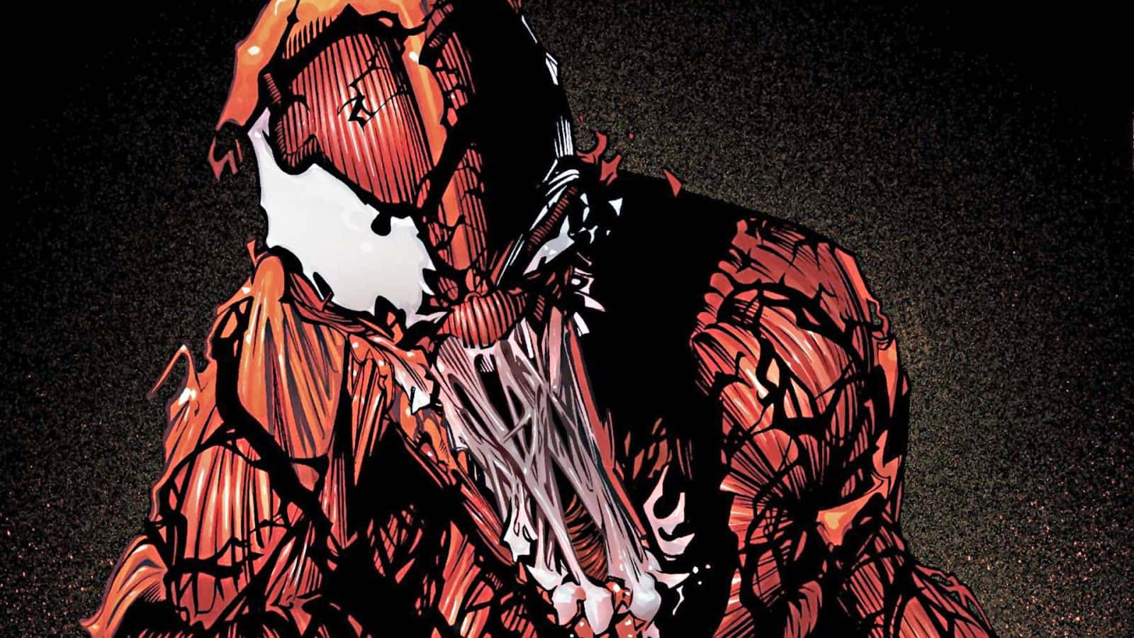Maximum Carnage 桌布 壁紙 — 一個帶有裂紋紅白面具和鋸齒狀橙色盔甲的威脅性漫畫角色，站在深色紋理背景前。