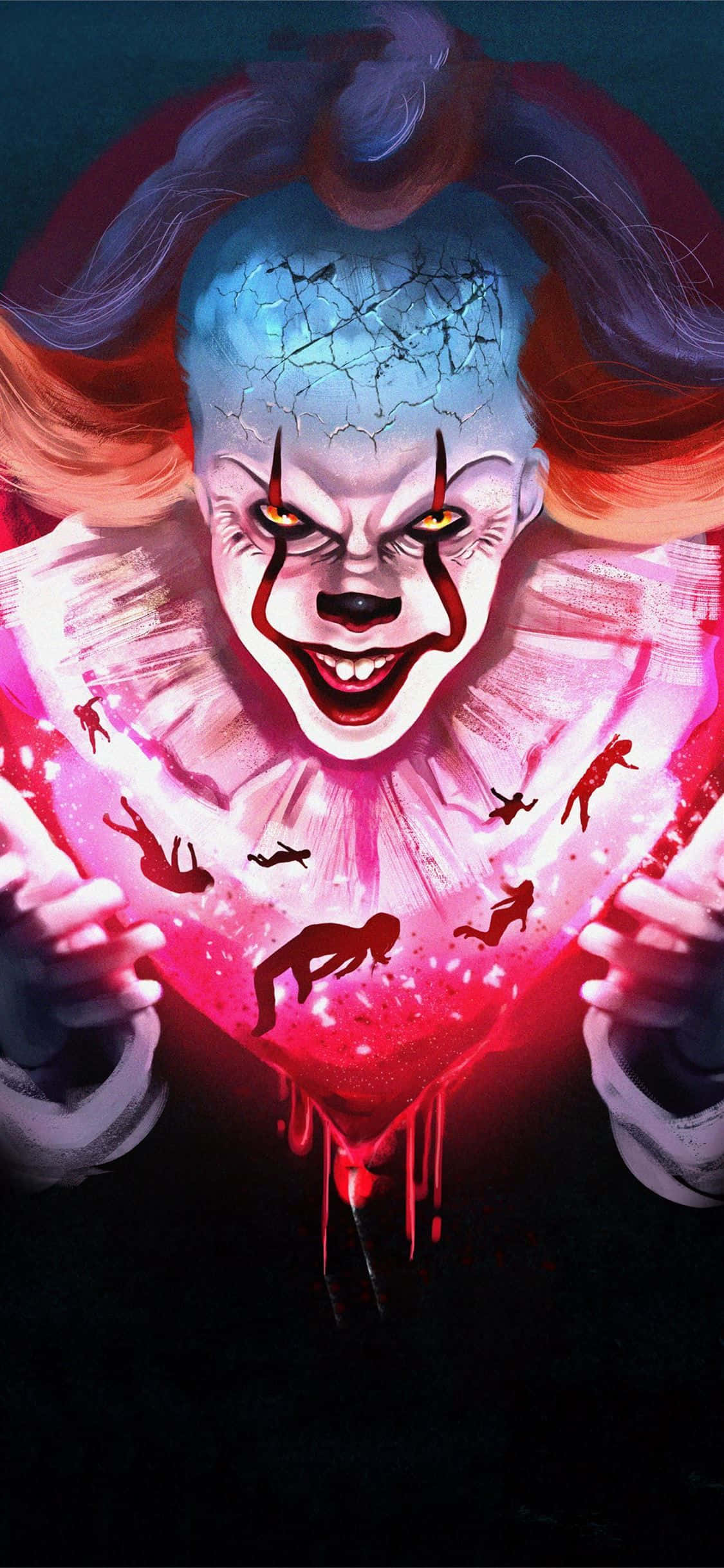 Horror Icons 桌布 壁紙 — 一個帶有裂紋藍色臉和紅髮的威脅性小丑，手持一個發光粉紅色、滴血的心臟，周圍環繞著墜落人物的剪影。