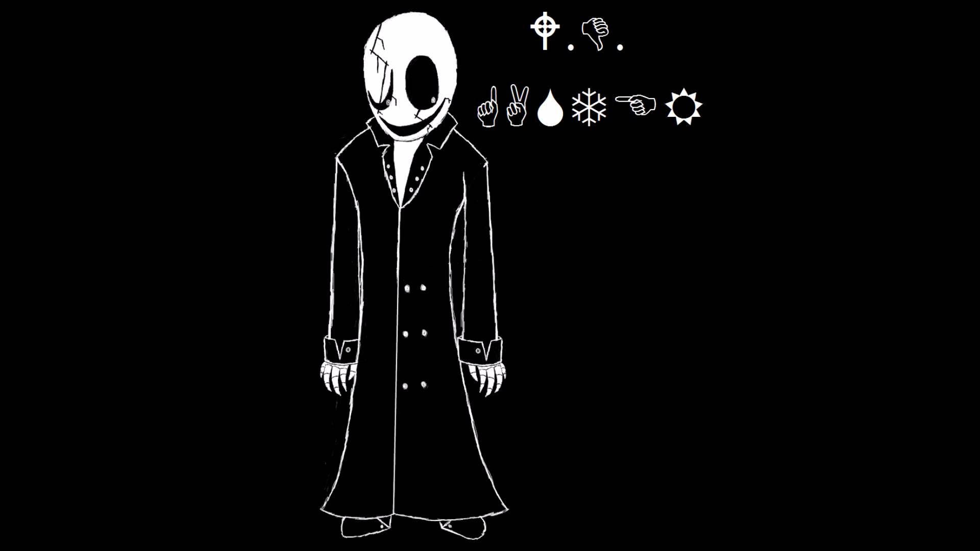 Undertale 桌布 壁紙 — 一個帶有裂紋面具和長外套的白色線條藝術人物，站在黑色背景前，周圍環繞著象徵性圖標。