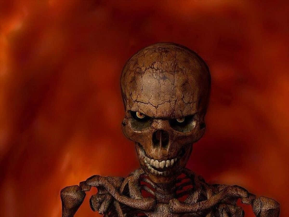 Halloween Skeleton 桌布 壁紙 — 一個帶有裂縫的可怕頭骨，眼睛發光，在熾熱的橙紅色背景前直視前方。