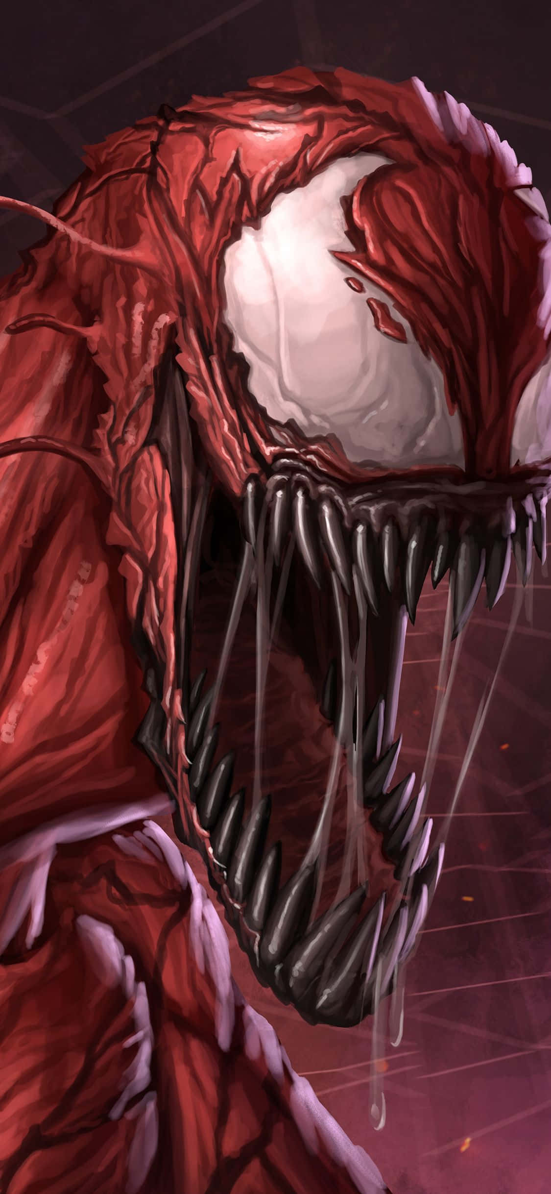Carnage iPhone 桌布 壁紙 — 一個帶有裂開的牙齒嘴巴和白色眼睛的威脅性紅色共生生物，在黑暗背景下強烈凝視。