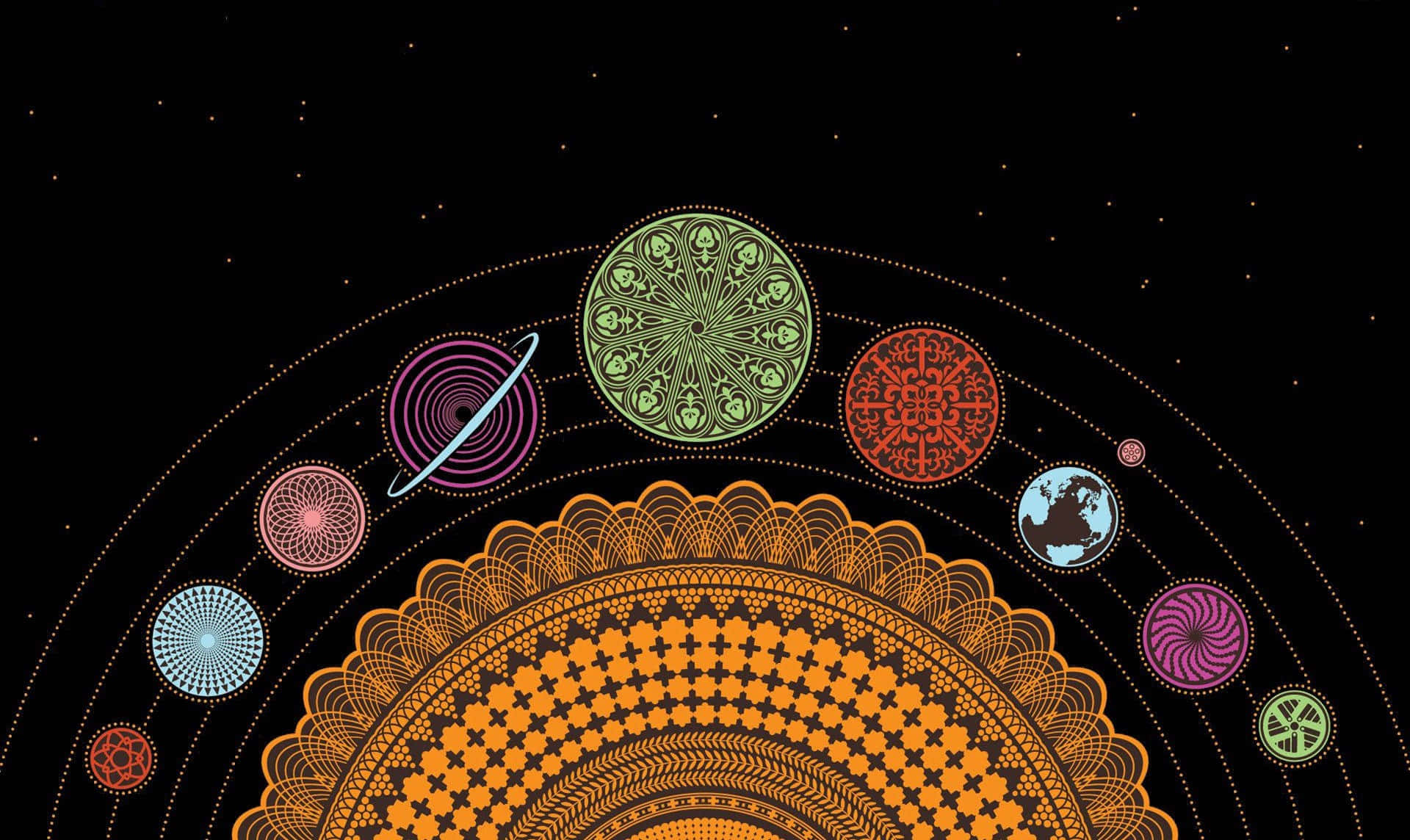 太陽系 桌布 壁紙 — 一個帶有複雜幾何圖案的宇宙曼陀羅，在繁星點點的黑色天空中繞著天體運行。