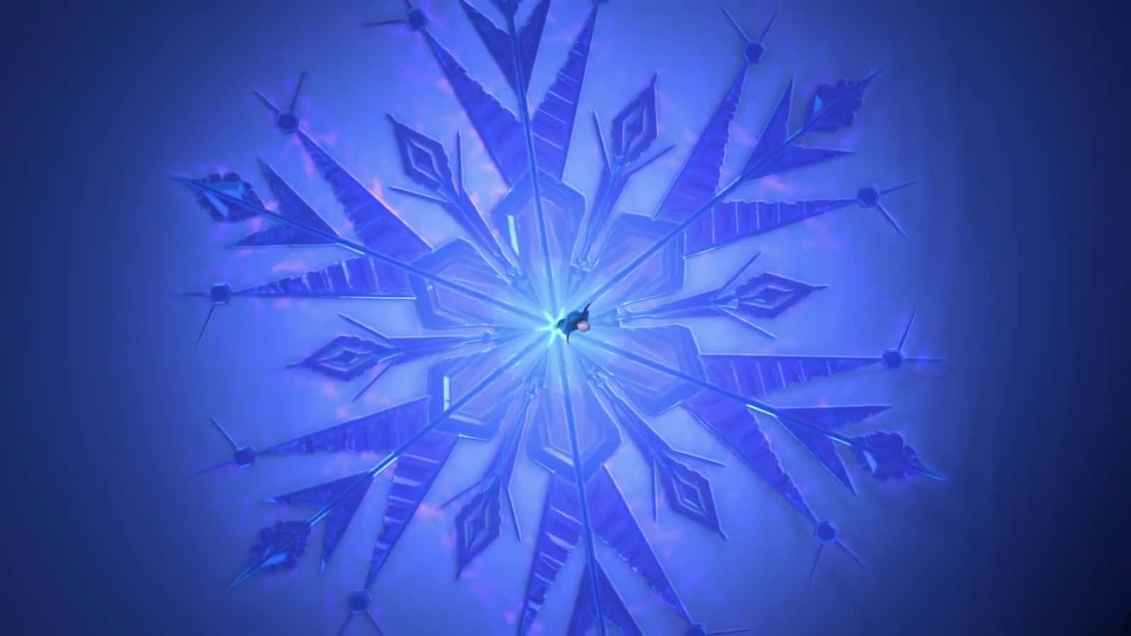 冰雪奇緣 桌布 壁紙 — 一個帶有複雜幾何臂的閃亮藍色雪花，在深藍色漸變背景上發出明亮的光芒。