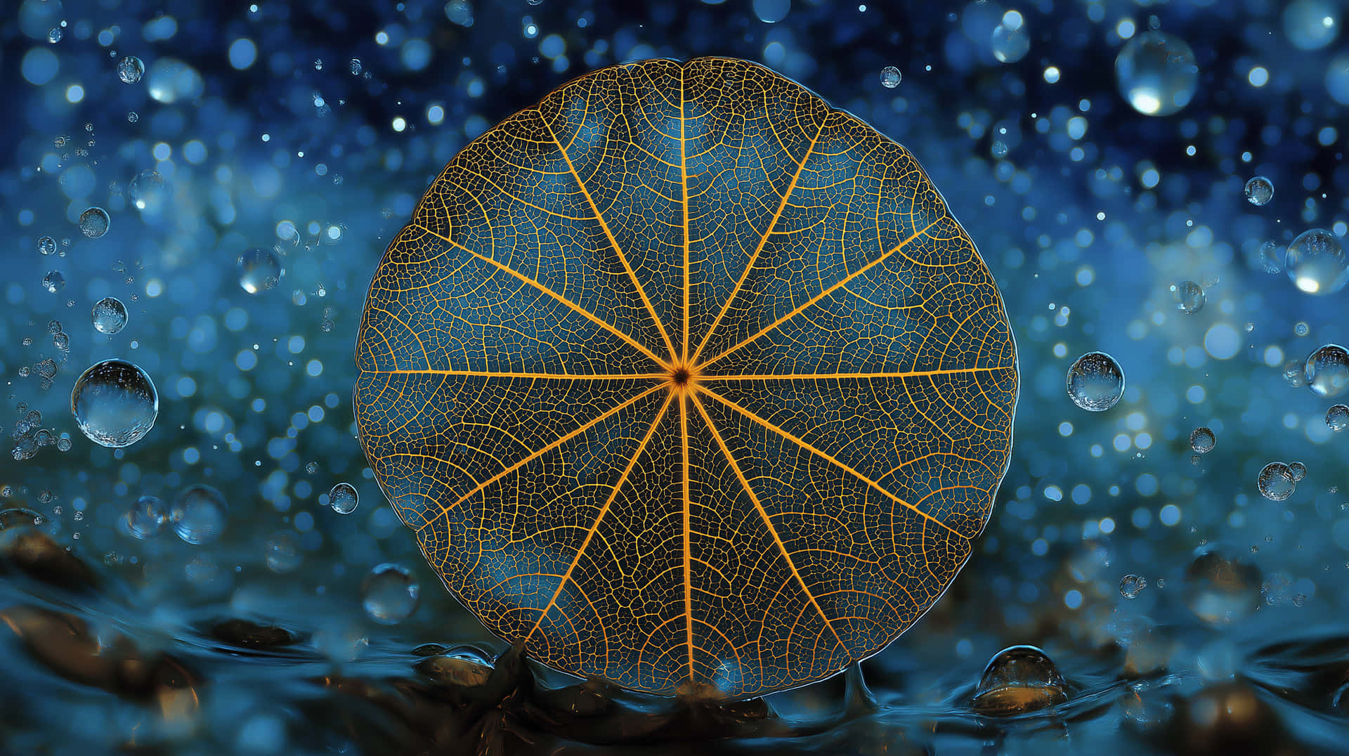Cosmic Leaf Veins Golden Ratio with Water Droplets Abstract 壁紙 — 一個帶有複雜放射狀圖案的金色海膽殼漂浮在漣漪的水面上，周圍環繞著發光的藍色氣泡。