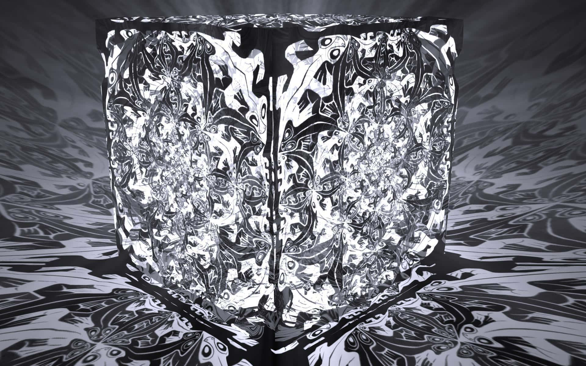 escher 桌布 壁紙 — 一個帶有複雜漩渦圖案的單色立方體漂浮在匹配的漣漪表面之上，構成超現實的數位場景。