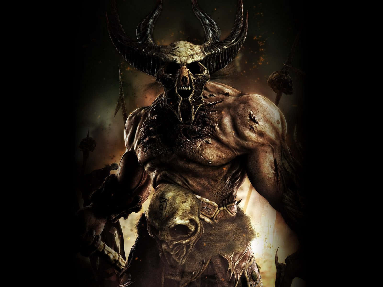 Cool Demon 桌布 壁紙 — 一個帶有角、戴著骷髏面具、肌肉發達的惡魔，站在黑暗而熾熱的光線中。