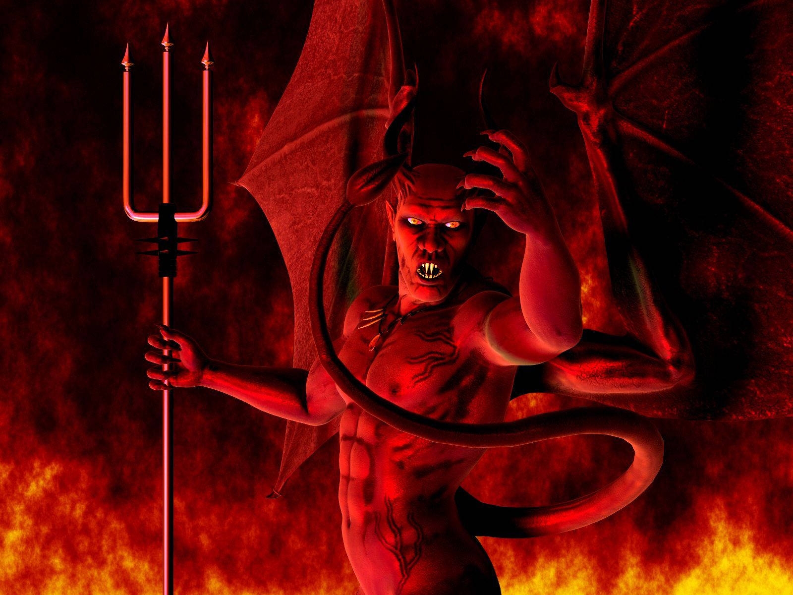 Devil Horns 桌布 壁紙 — 一個帶有角、翅膀和尾巴的威脅性紅色魔鬼，在熾熱的地獄背景下手持三叉戟。