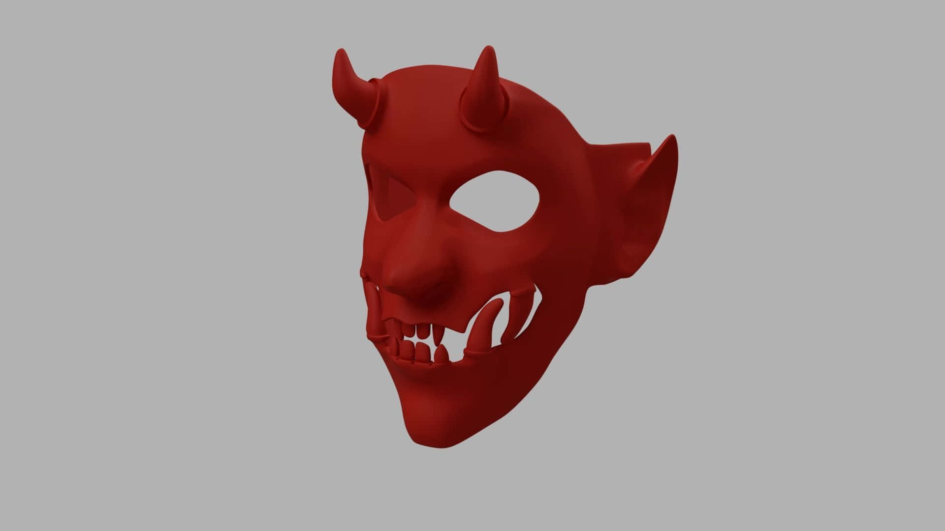 Yokai 桌布 壁紙 — 一個帶有角和尖牙的光澤紅色3D渲染惡魔面具，背景為純灰色。