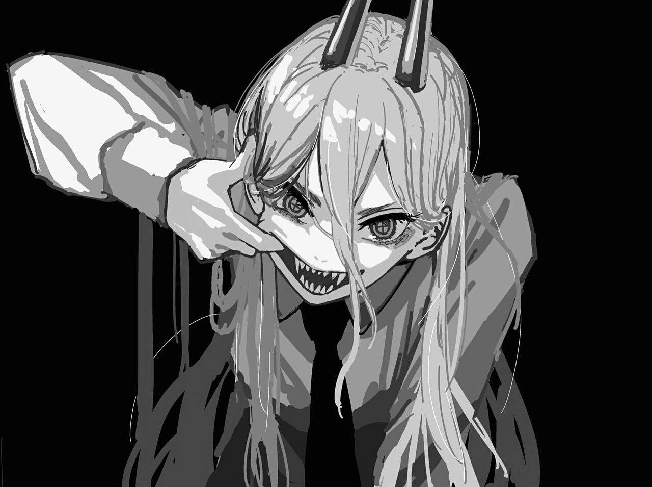 Edgy 桌布 壁紙 — 一個帶有角和尖牙的威脅性動漫女孩，在黑色背景前用手遮住半張臉咧嘴笑。