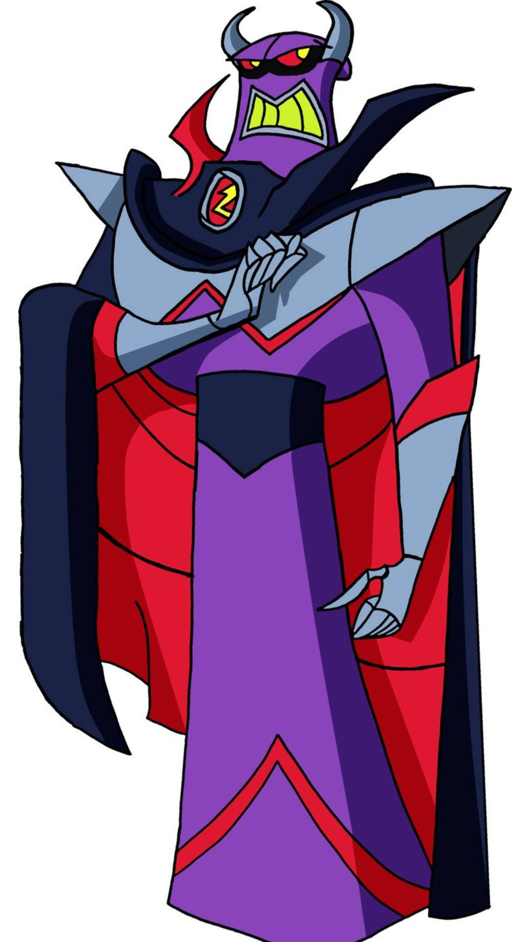 emperor zurg 桌布 壁紙 — 一個帶有角和斗篷的威脅性紫色和紅色動畫反派，帶著邪惡的笑容站立。