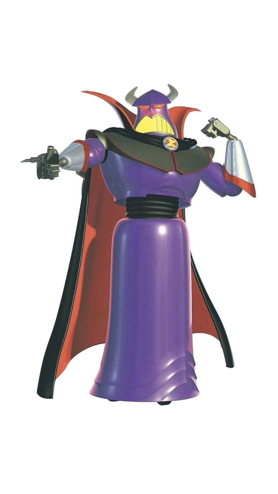 emperor zurg 桌布 壁紙 — 一個帶有角和斗篷的紫色和紅色動畫反派，以英雄姿態站在白色背景前。