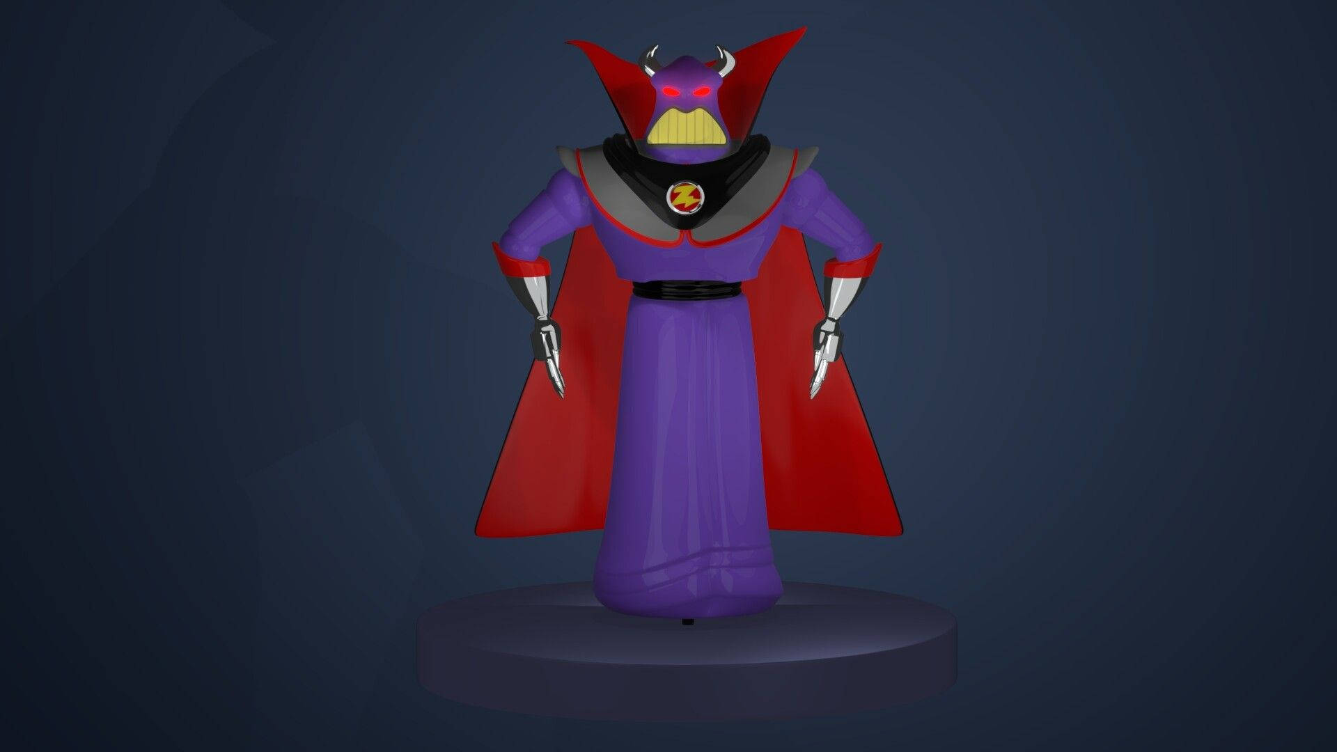 emperor zurg 桌布 壁紙 — 一個帶有角和爪子的紫色和紅色卡通反派，站在深藍色漸變背景前的基座上，顯得威風凜凜。